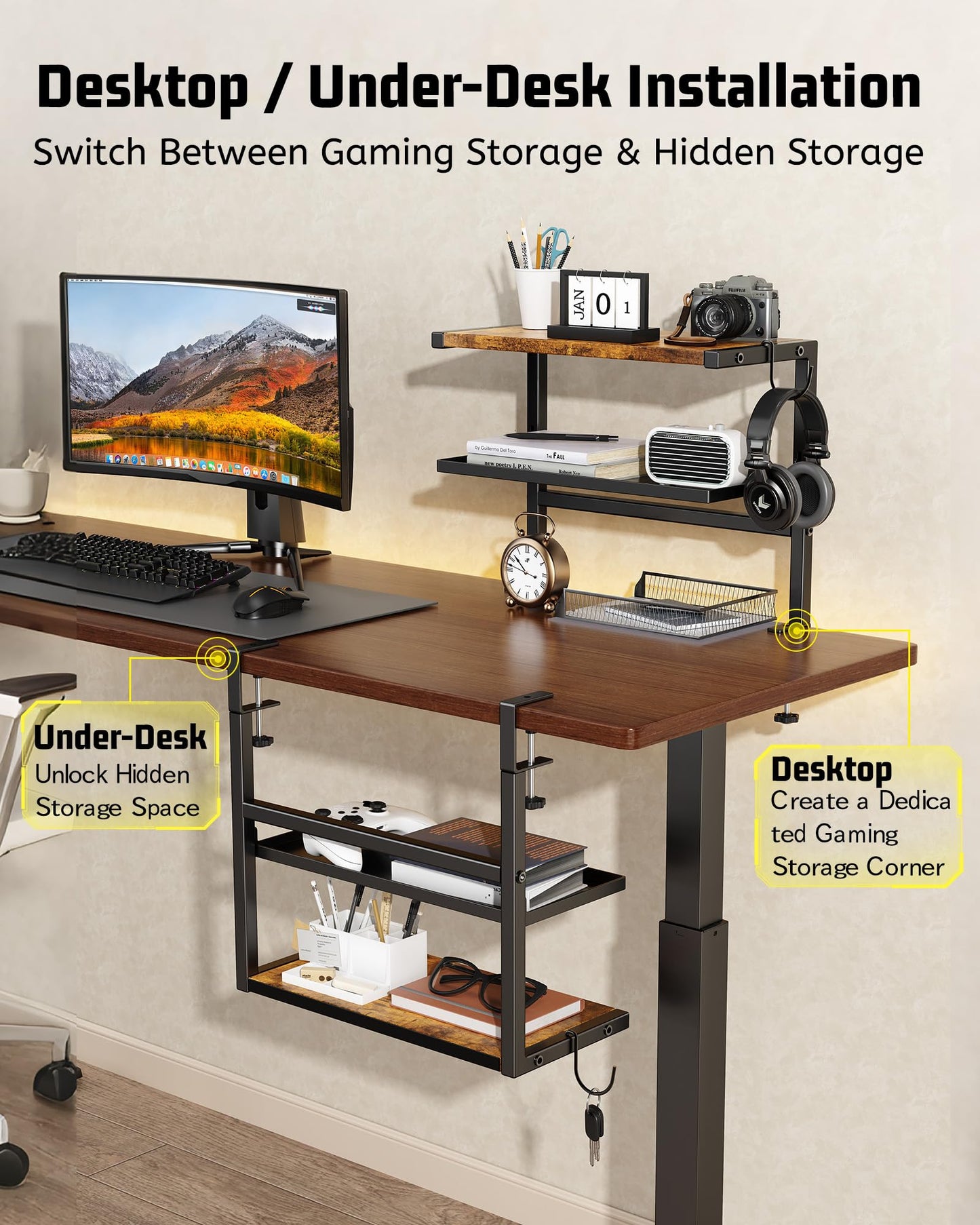 2-Tier Clamp on Desk Shelf, 17" Adjustable Above or Under Desk Shelves Organizer, No Drilling Desktop Storage Shelf with Headphone Holder, Desktop Storage Rack or Office and Gaming Accessories (Brown)