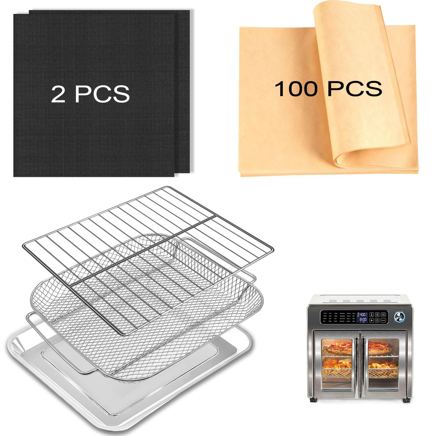GWYSY 5-Pack Air Fryer Replacement Set for Emeril Lagasse 26QT, Includes Non-Stick Baking Pan, Basket, Air Fryer Rack, 2 Mats & 100 Parchment Papers, Stainless Steel Bakeware Set