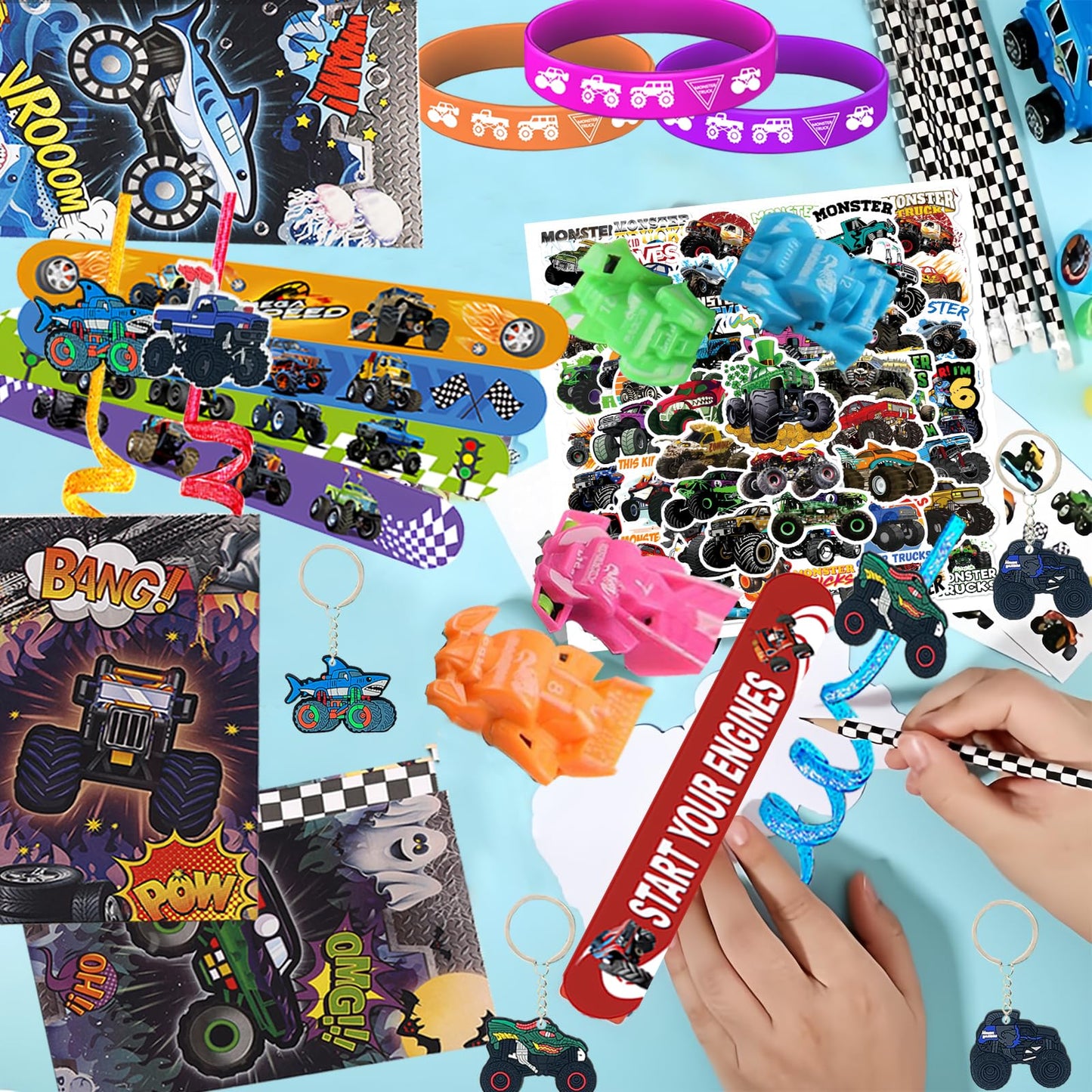 122PCS Monster Truck Party Favors Set, Jam Birthday Decorations Including Theme Slap Bracelets, Keychains, Gift Bags, DIY Stickers, Drinking Straws, People Monster Truck Birthday Supplies