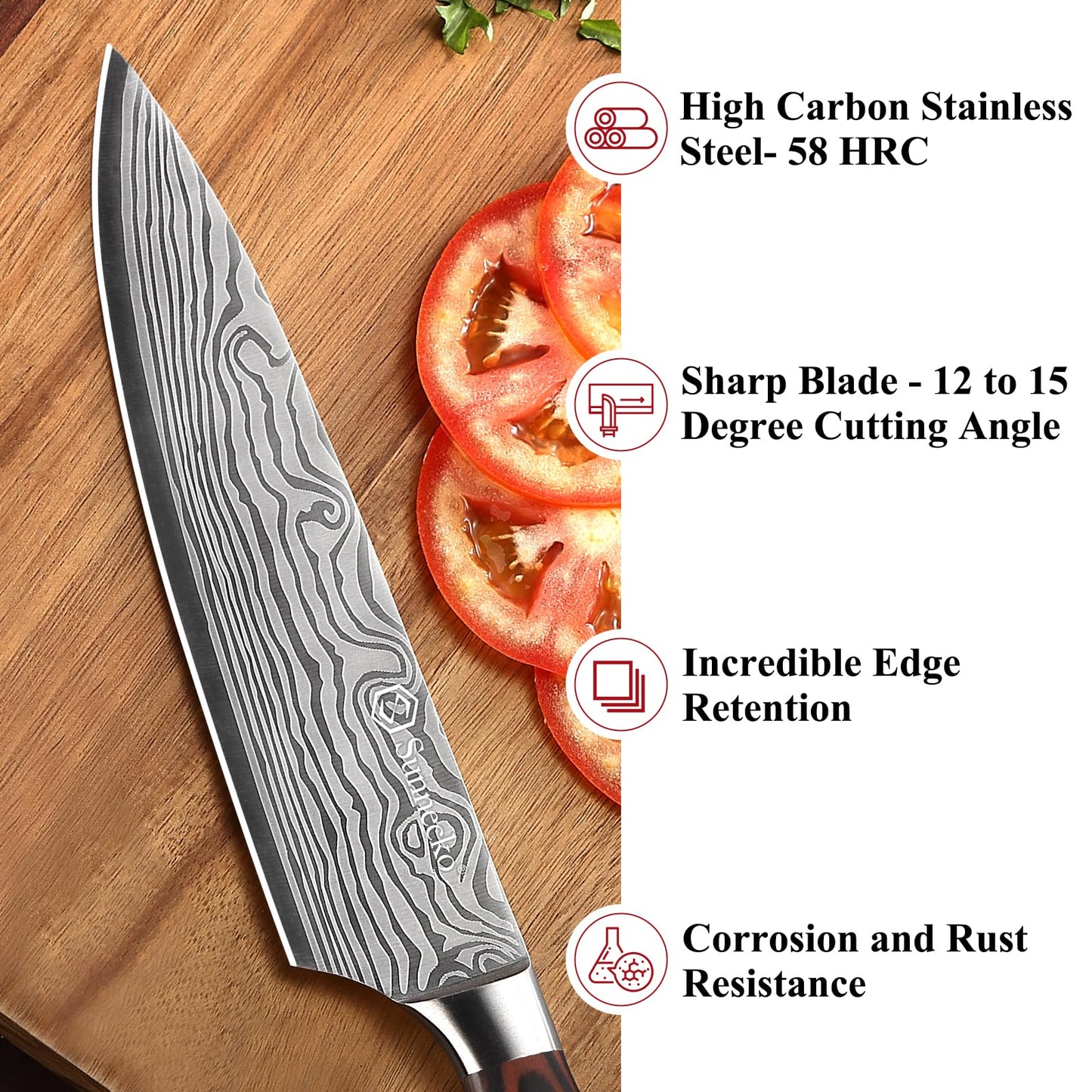 Sunnecko 8 Inch Chef Knife - Ultra Sharp 12-15 Degree Edge Kitchen Knife for Meat Vegetable Cutting Japanese Style, High Carbon Stainless Steel Blade, Pakkawood Handle &Sheath, Cooking Father Day Gift