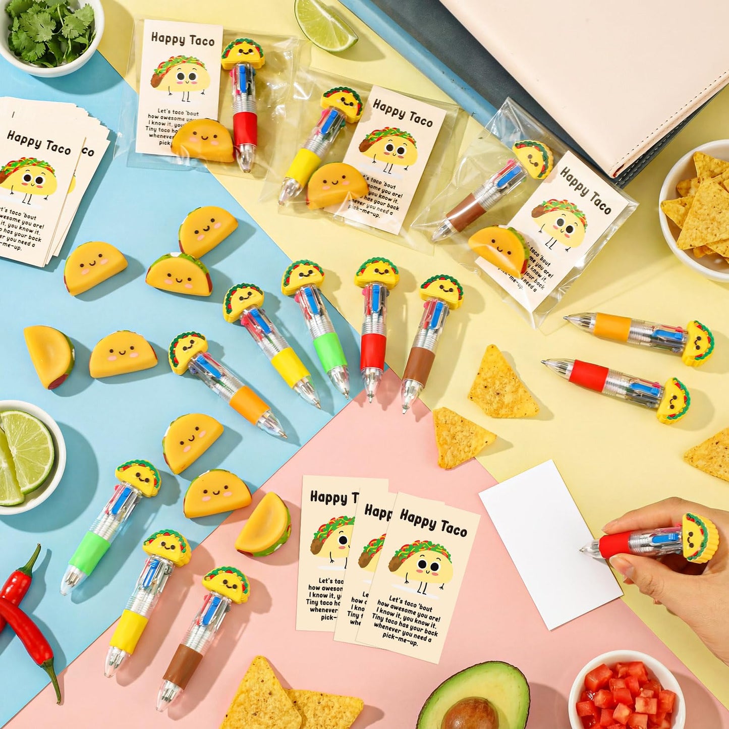 TaoBary 36 Sets End of Year Gifts for Student Mexican Taco Party Favor Motivational Gift Bulk with 4-in-1 Multicolor Pen Taco Mini Stress Balls Inspirational Card OPP Bag for Fiesta Office Desk Supply