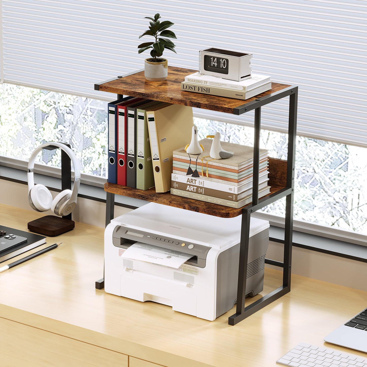 Homeiju 3-Tier Printer Stand for Desk, Desktop Printer Shelf, Heavy Duty Metal Frame Wood Shelf for Home Office Holds Up to 50lbs, Space-Saving Desk Organizer forfor Home Office, Rustic Brown