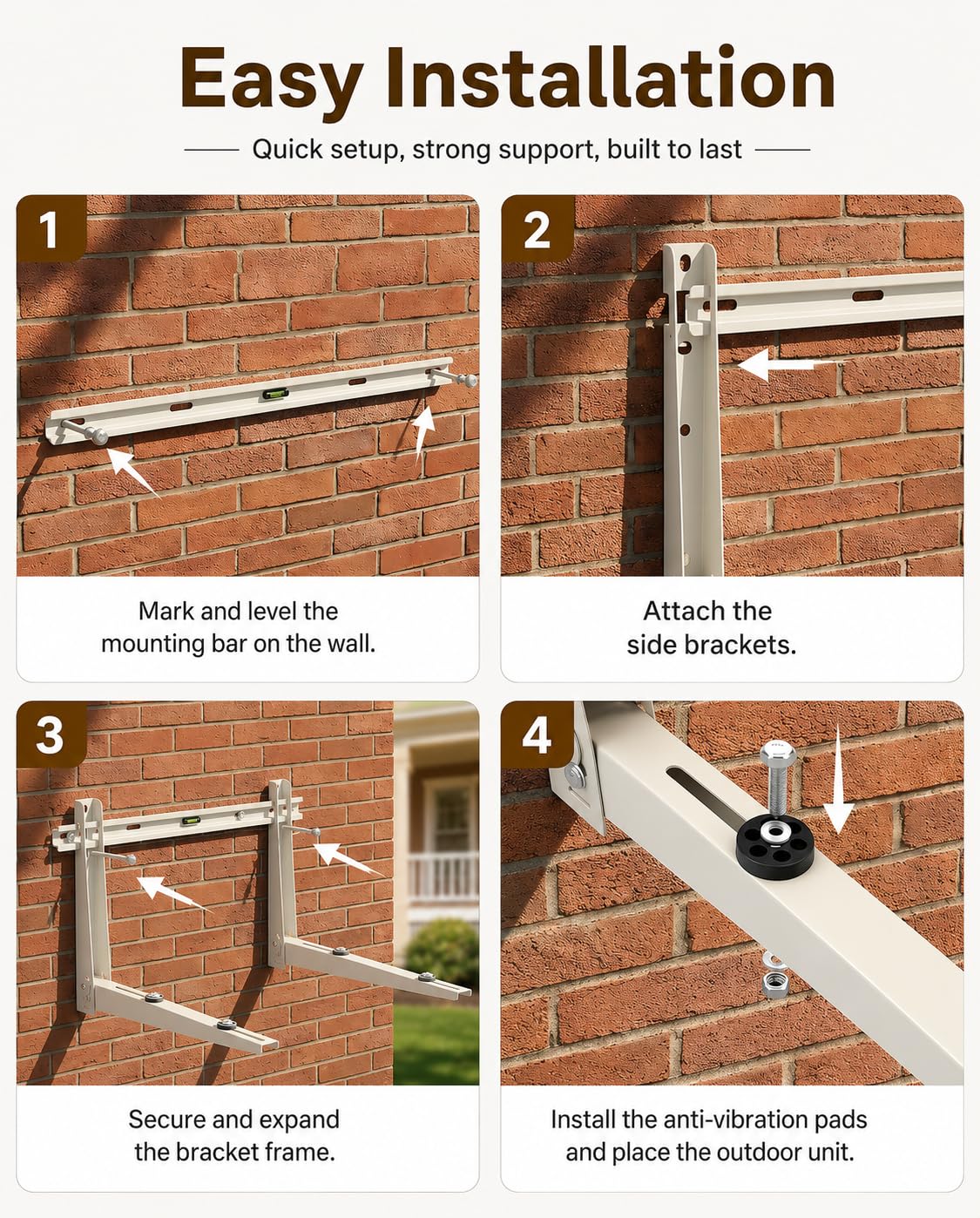 Heavy Duty Mini Split Wall Mounting Bracket for Outside, 550lb Load Capacity, Galvanized Carbon Steel, Dual Anti-Rust Coating, Leveling Bar, Anti-Vibration Pads, Fits 9000–36000 BTU AC Units