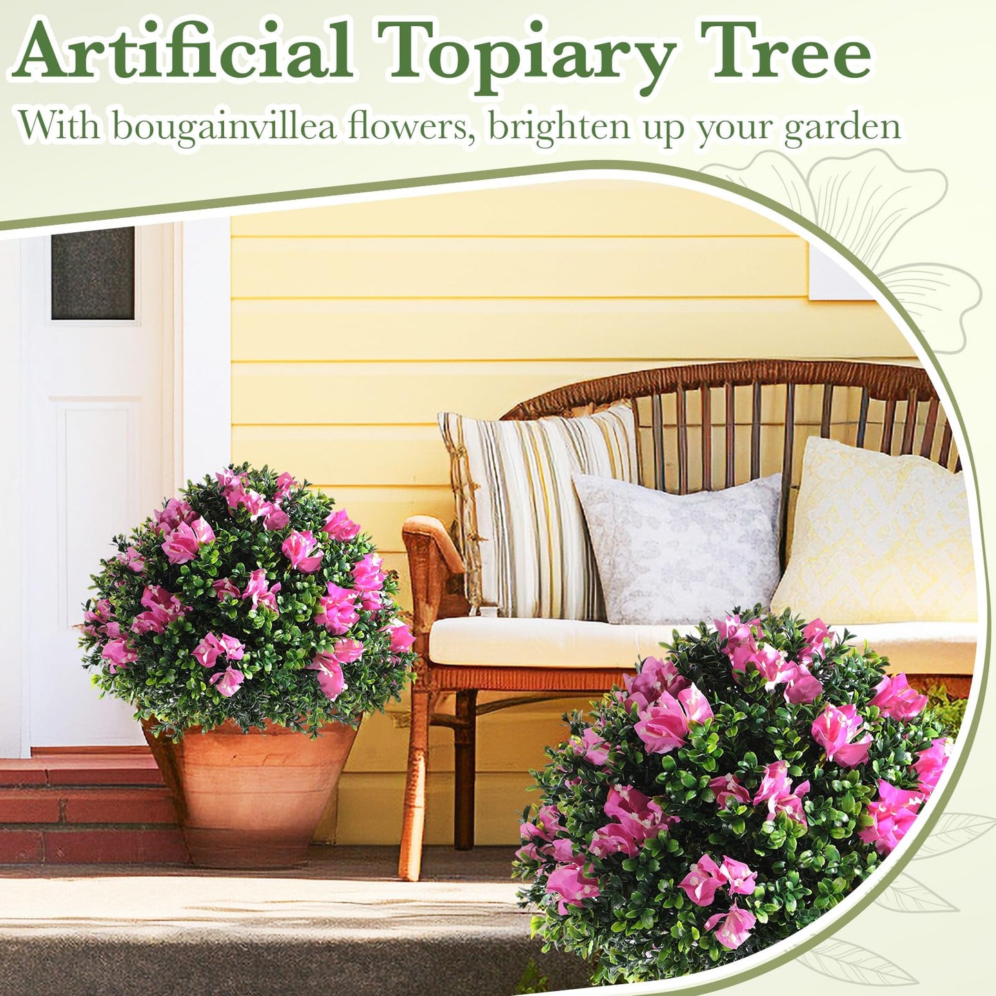 Yunlly 2 Pack 18" Artificial Boxwood Topiary Balls with Bougainvillea Flowers with Spikes, UV Resistant Faux Bushes Outdoor Plants Fake Shrubs for Garden, Yard, Front Porch, Patio Decor (Pink)
