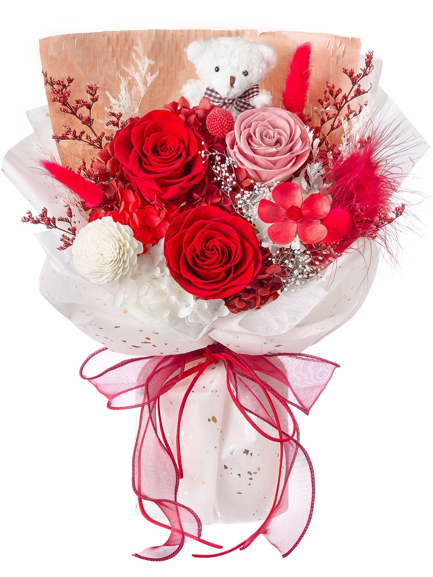 Polylove Forever Flower Bouquet Flowers for Delivery Prime Preserved Roses with Bear Gift Box for Wife Women Mother Day Anniversary Birthday (Red)