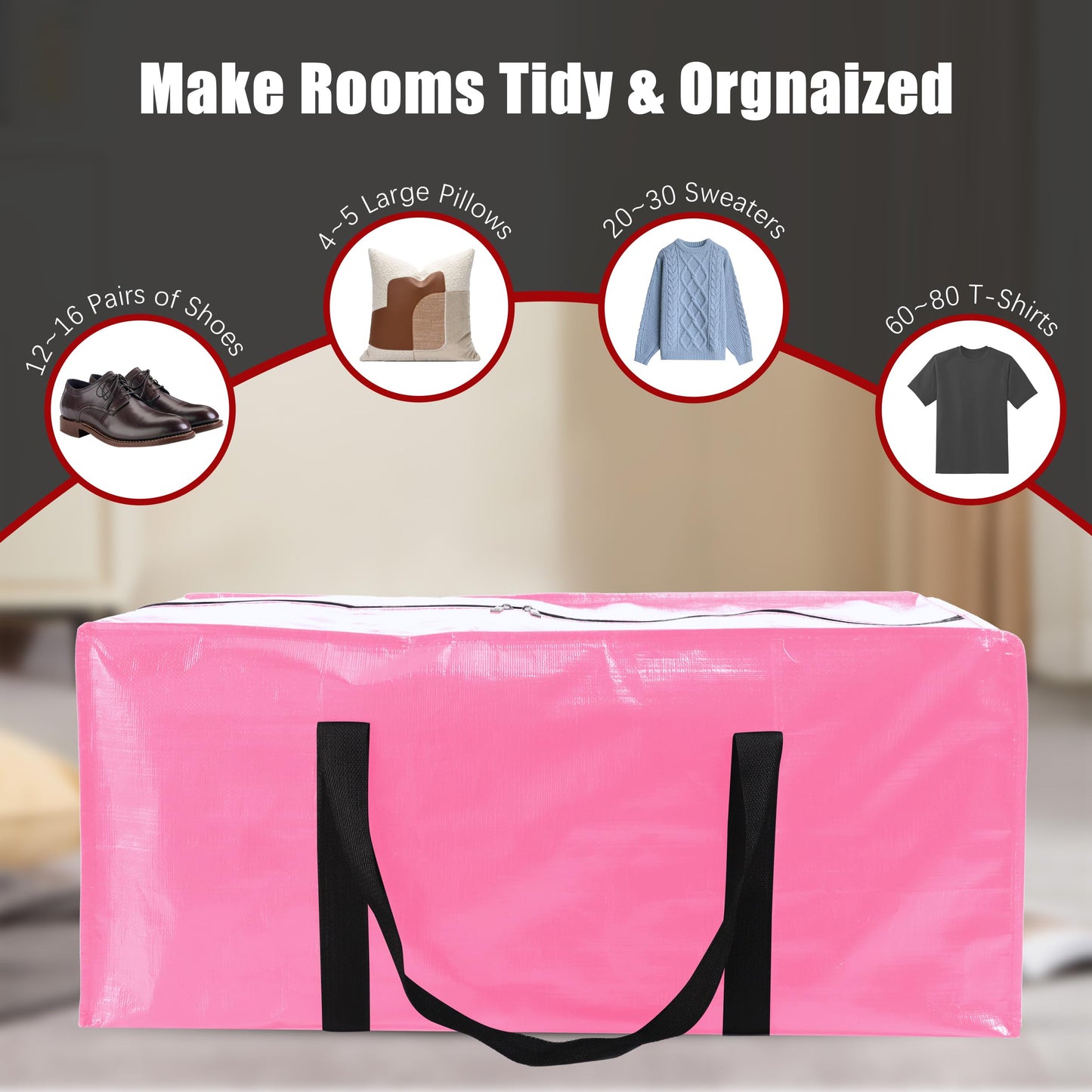 PANDA JOYS 8 Pack Extra Large Moving Bags with Zippers & Carrying Handles, Heavy-Duty Storage Tote for Space Saving Moving Storage, Fold Flat, Alternative to Box and Bin,Pink