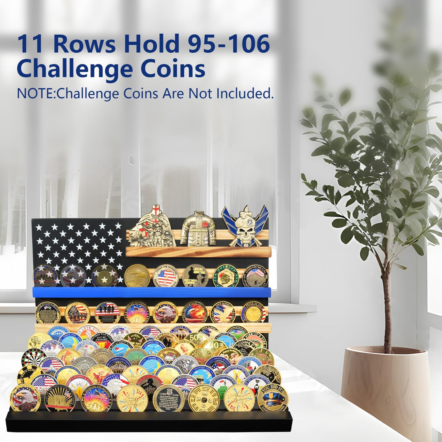 YUN RUI 11 Rows Challenge Coin Display, Removable Military Coin Holder Display with American Flag, Wooden Coin Display Case Rack Holds 95-106 Coins,Black