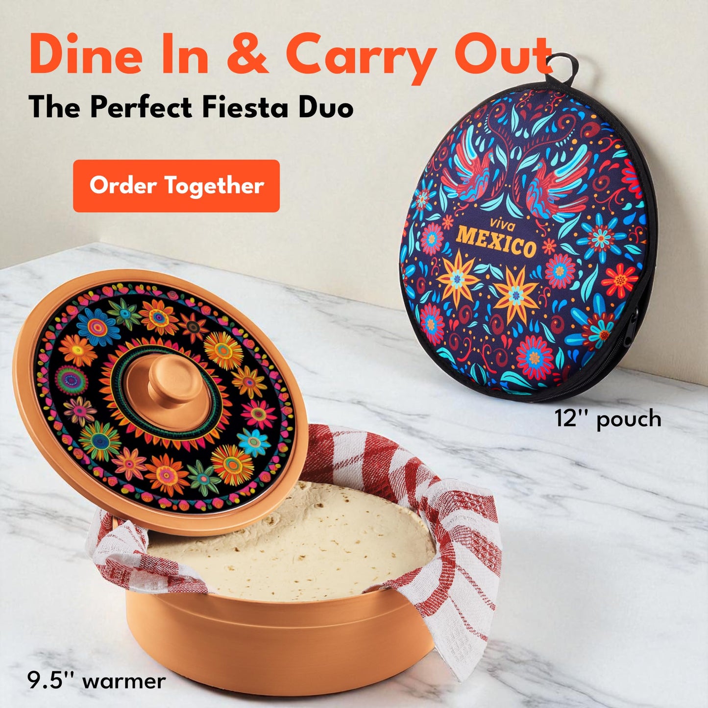 Terracotta Tortilla Warmer Day of the Dead - Mexican Clay Tortilla Holder with Decorative Marigold Lid & Warmer Cloth, Authentic Día de Muertos Terra Cotta Tortillero Holder for Parties & Celebrations