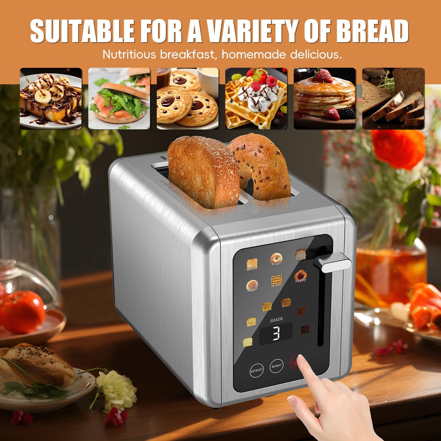 WUNLY Touch screen Toasters 2 slice, Stainless Steel Digital Timer Toaster with Sound Function, 6 Bread Types & 6 Shade Settings, Smart Extra Wide Slots Toaster with Bagel, Defrost Functions,Platinum