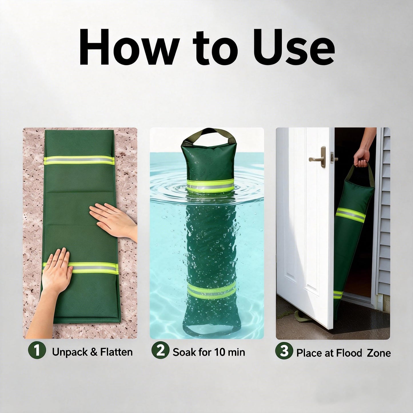 5FT Water Barriers for Flooding 3-Pack, Flood Barrier for Home Reusable Sandless SandBags for Flooding with Handles and Reflective Strips, Water Dam for Door, Garage, Basement, Outside and Other