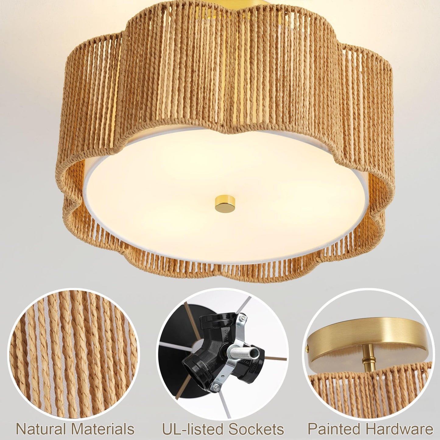Giutna Rattan Ceiling Light Fixtures Flush Mount,3-Light Boho Light Fixtures Ceiling Mount for Bedroom,Close to Ceiling Light Modern Rattan Chandelier Lighting for Hallway Kitchen Dining Room(Yellow)