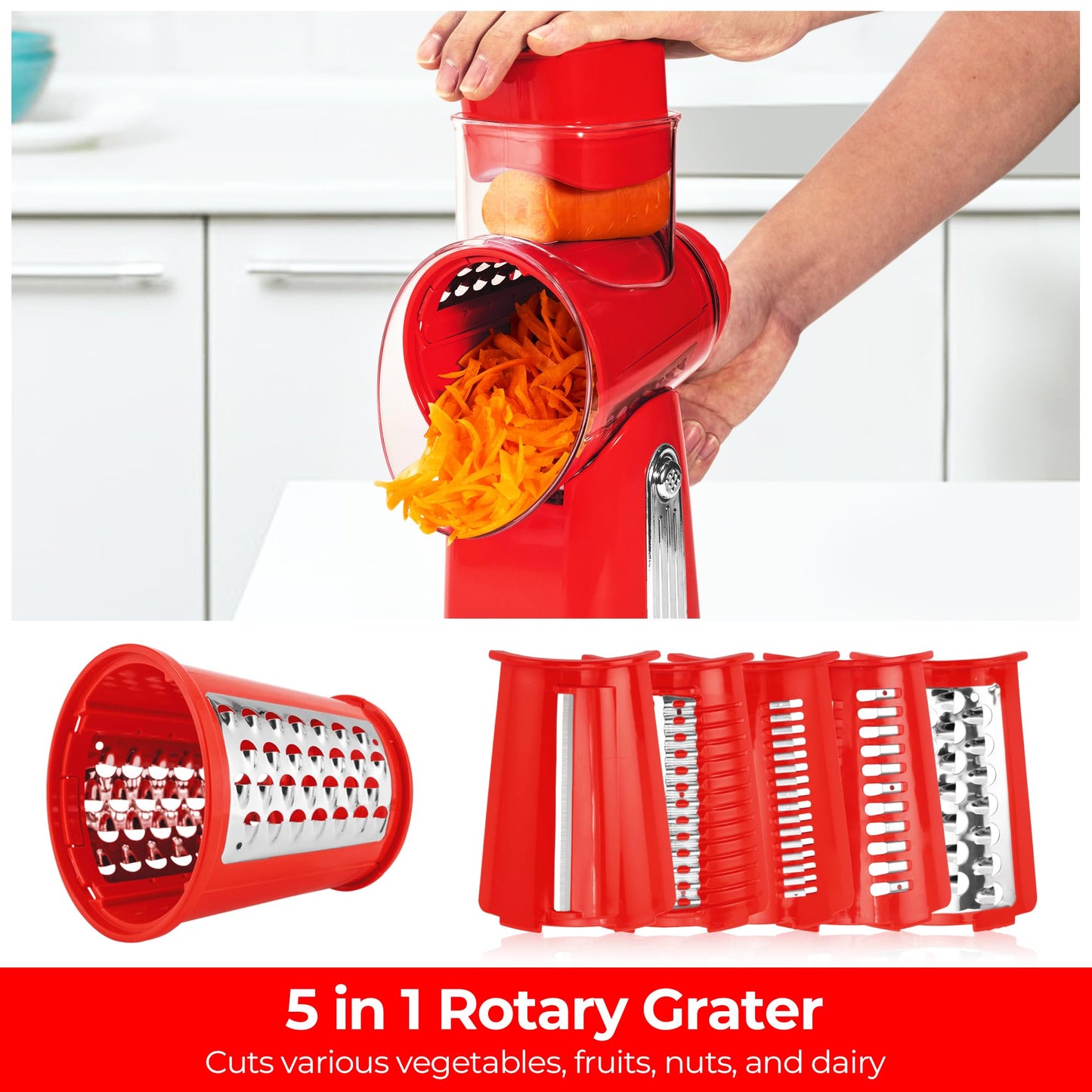 SUSTEAS Rotary Cheese Grater with Handle - Vegetable Shredder with 5 Well-designed Blades & Strong Suction Base,Round Mandoline Slicer & Food Chopper for Kitchen,with Blade Storage Box(Red)