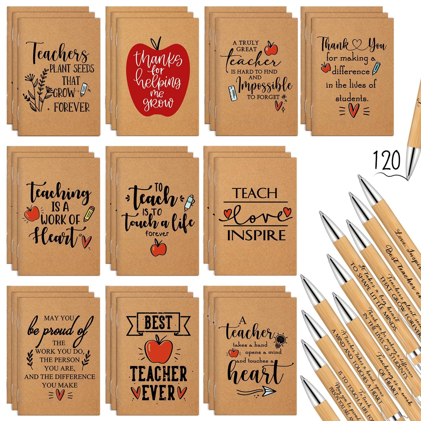 Kosiz 240 Pcs Graduation Teacher Appreciation Gifts Bulk Thank You Kraft Notebooks Inspirational Bamboo Ballpoint Pen Mini Journal Notebook End of Gift Ideas for Teachers School Team Group Women Men