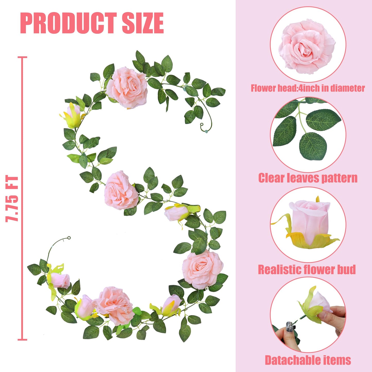 Sggvecsy 6Pcs 46.5Ft Artificial Rose Vine Fake Flower Garland Floral Garland Faux Silk Hanging Vine Rose Ivy Vines for Wedding Arch Party Wall Garden Ceremony Background Outdoor Decor (Pink)