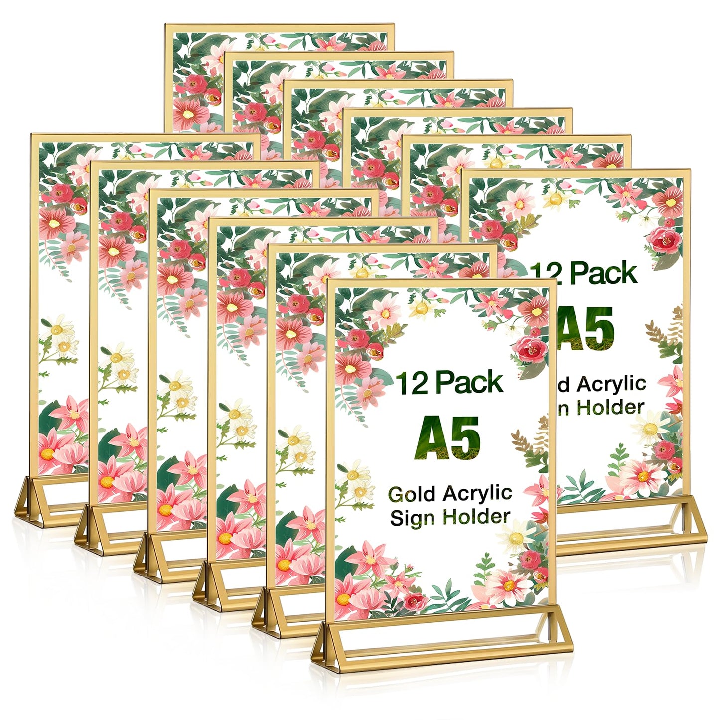 RETON 12 Pack Acrylic Sign Holder, A5 Clear Gold Frame Display Stand, Double Sided Picture Menu Flyer Holders, Wedding Table Number Frames for Cards Photo Party Decoration (A5)