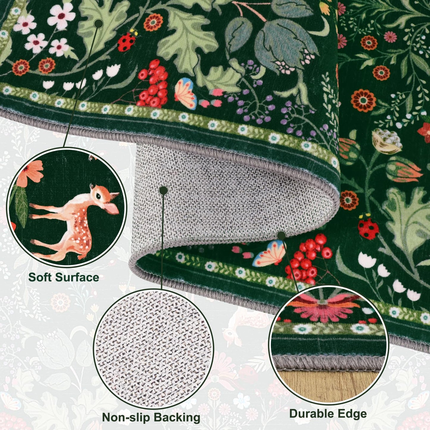 Yinhua 8x10 Area Rugs Floral Washable Rugs for Living Room Green Rug Non Slip Soft Low Pile Faux Wool Botanical Throw Rug for Bedroom, Dining Room, Office, Home Decor, Green