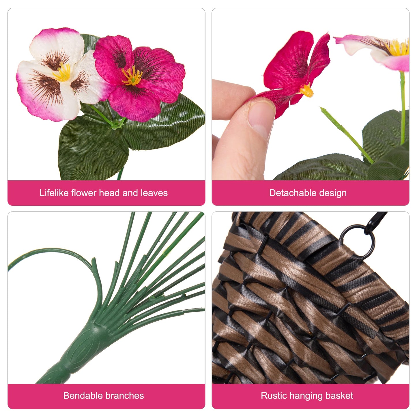 HyeFlora 4pcs Artificial Flowers for Outdoors Fake Pansy with Hanging Basket UV Resistant Silk Spring Faux Flowers for Outside Front Door Porch Yard (Mix Rose)