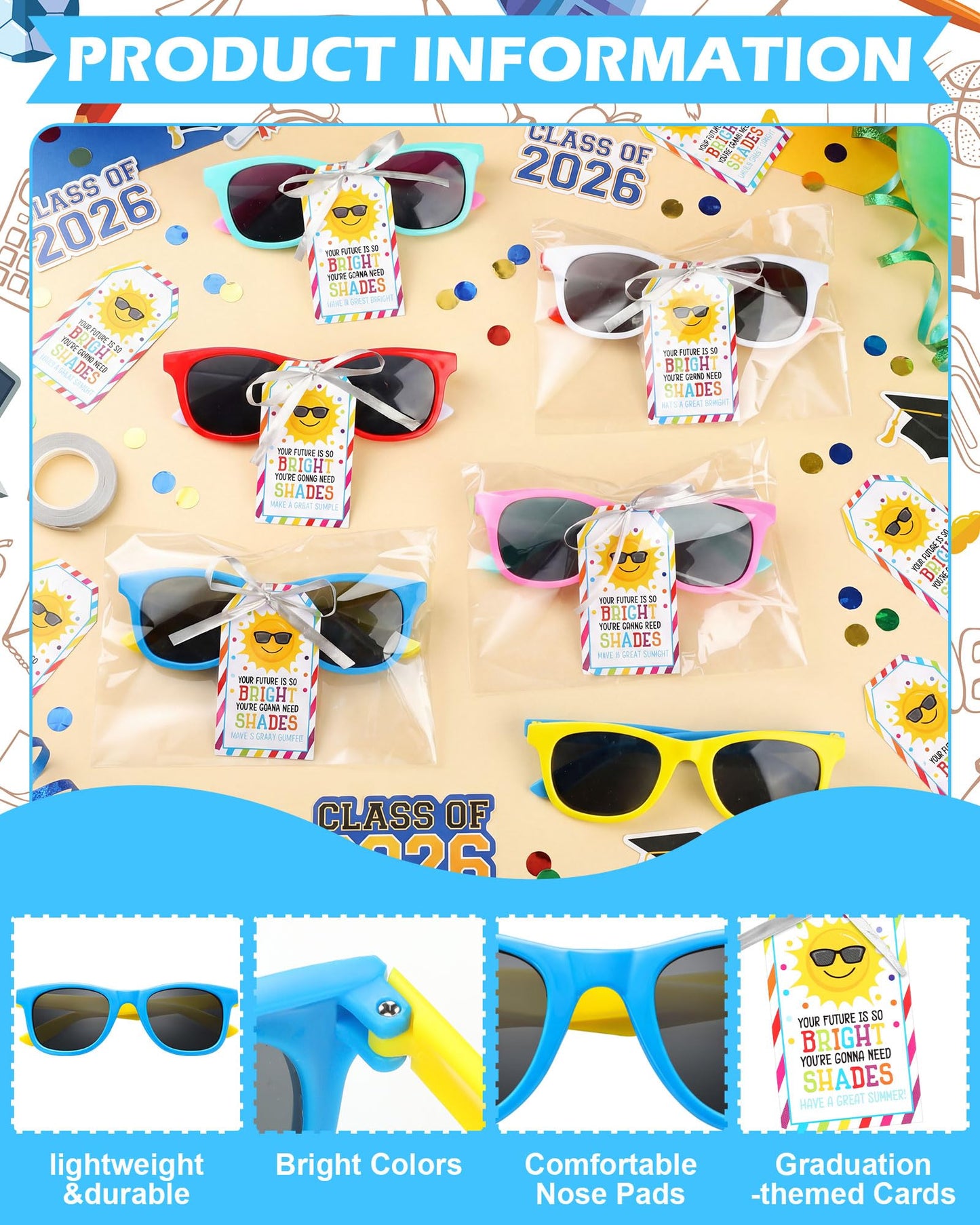 Geiserailie 48 Pcs End of The School Year Gifts for Students from Teacher Bulk Pre K Graduation Sunglasses Kindergarten Preschool End of Year Graduation Gifts for Kids Classroom Summer Party Favors