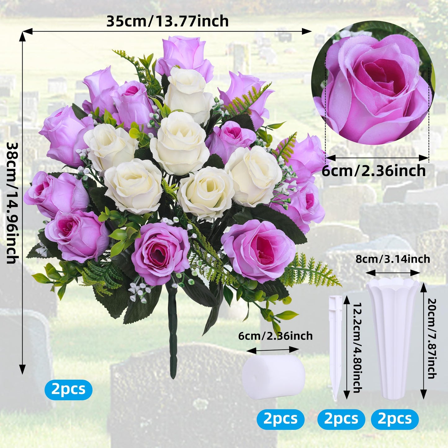 Hibsotco Set of 2 Artificial Cemetery Flowers with Vase,Grave Memorial Flowers,Artificial Rose Bouquet Decoration for Cemetery Headstones Gravesites (White with Purple, 2 Bouquets)