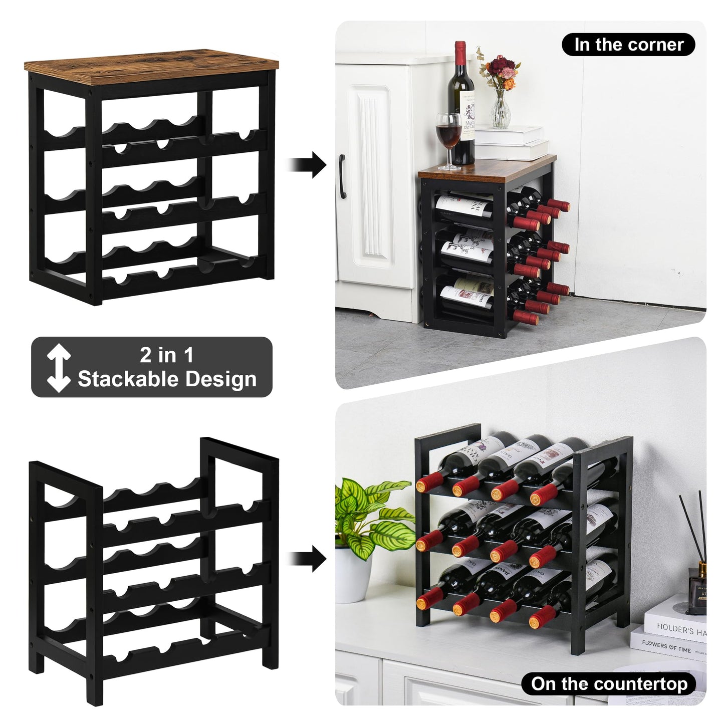 VASMIA Wine Rack Freestanding Floor, 6 Tier Bamboo Wine Storage Shelves with Table Top, 24-Botttle Wine Rack Shelf for Kitchen Bar Dining Room Living Room, Rustic Brown and Black