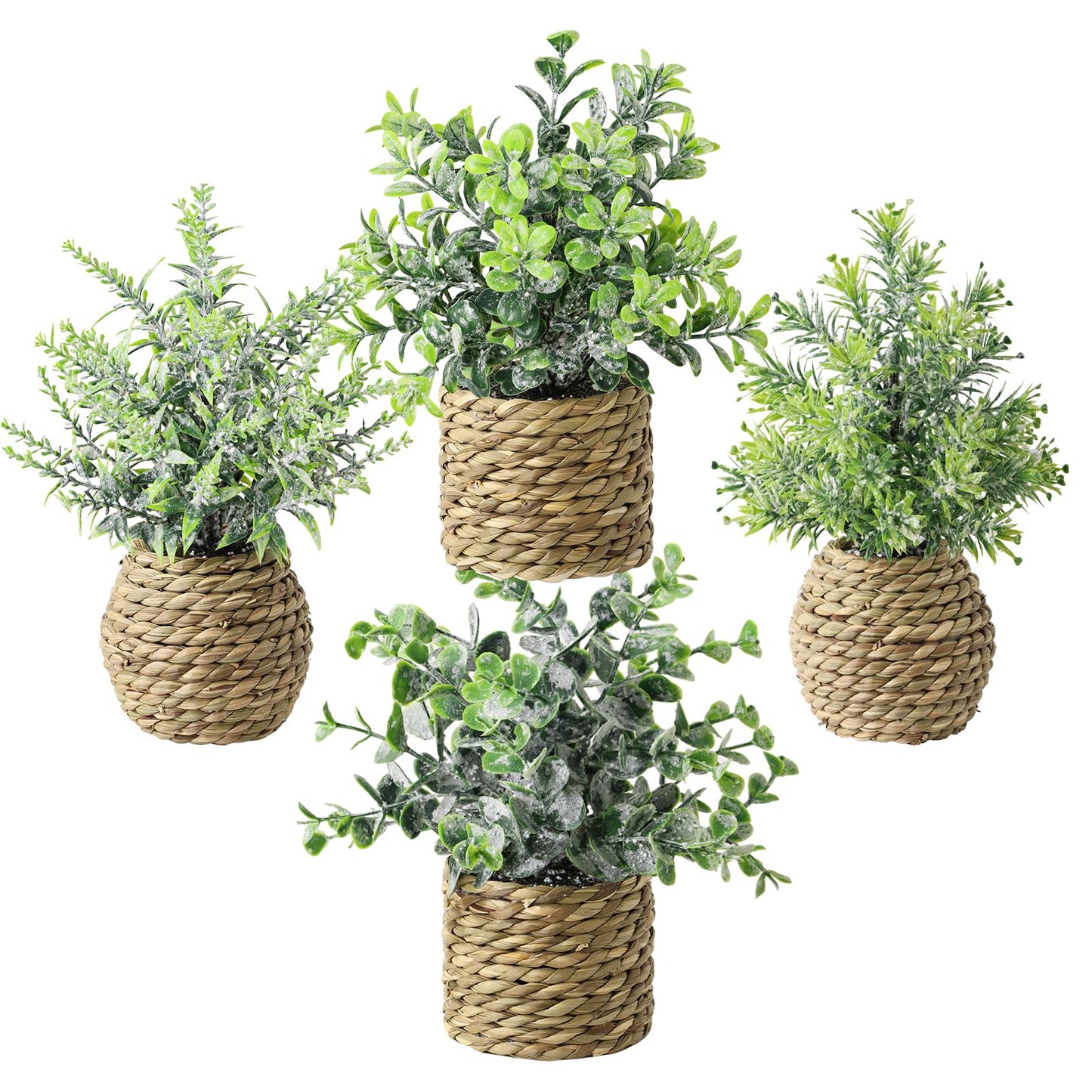 Treory Small Fake Potted Plants: 9 Inches Artificial Plants with Seagrass Handwoven Planters, Indoor Farmhouse Decorations, Eucalyptus Plant for Home Bathroom Office Shelf Tabletop Desk Room Decor