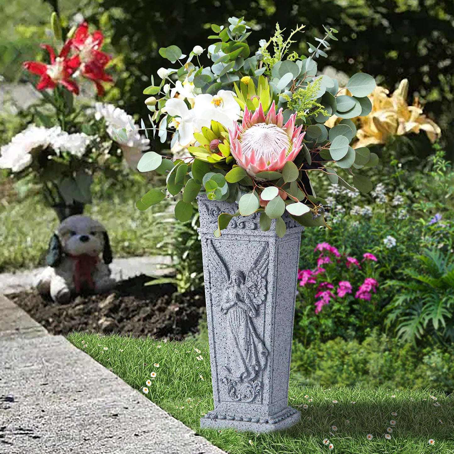 XONOR Cemetery Flowers Vase with Spike, Memorial Grave Vase Resin Flowers Holder for Headstone, Grave, Cemetery, Garden, Lawn, Yard Decorations (2PCS, Grey)