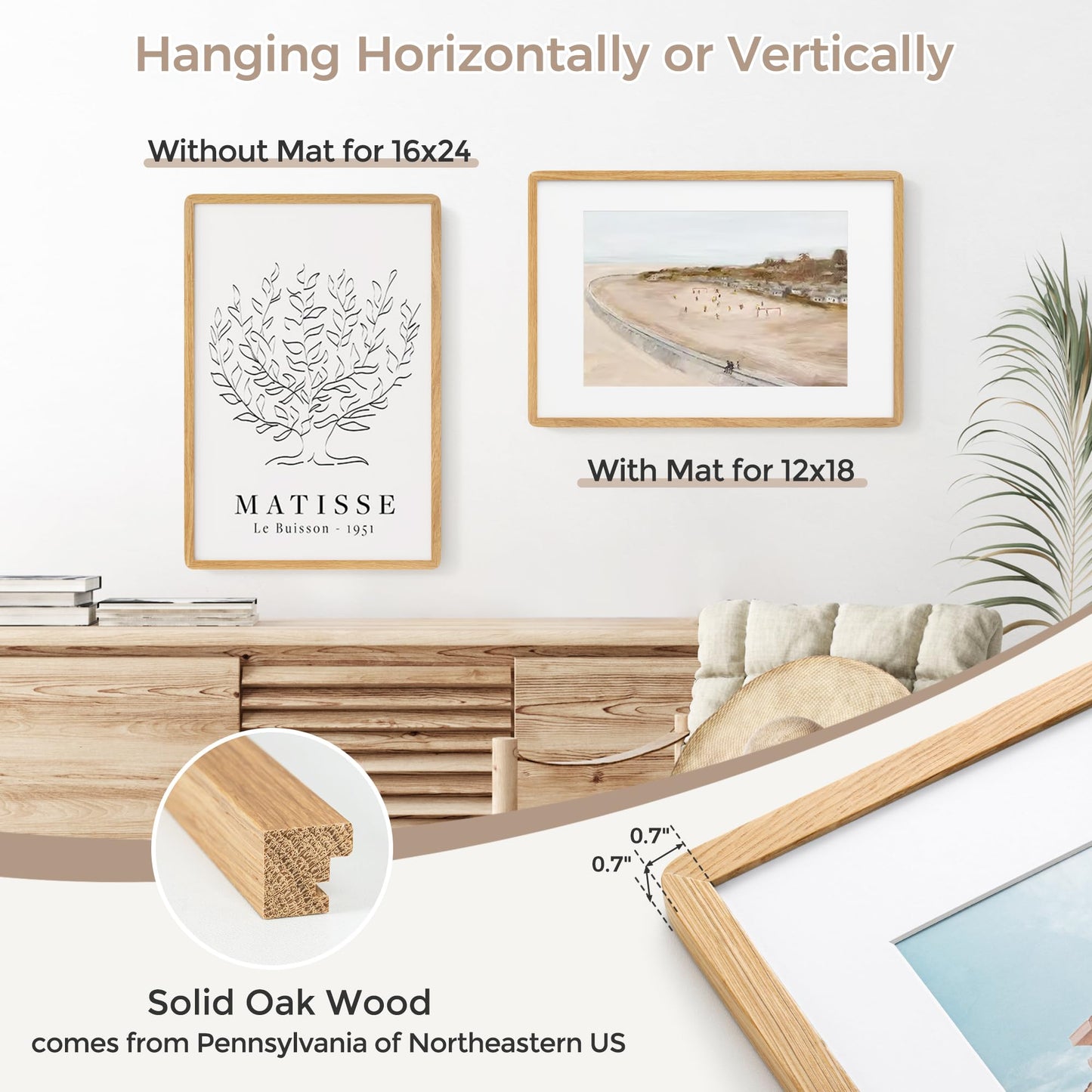 FLYJOE 16x24 Poster Frame | Solid Oak Wood 16 x 24 Picture Frame | 24x16 Poster Frame With Mat For 12x18 | Tempered Glass And Hanging Hardware Included | 16 By 24 Frame Wood (Natural Oak, 1 Pack)