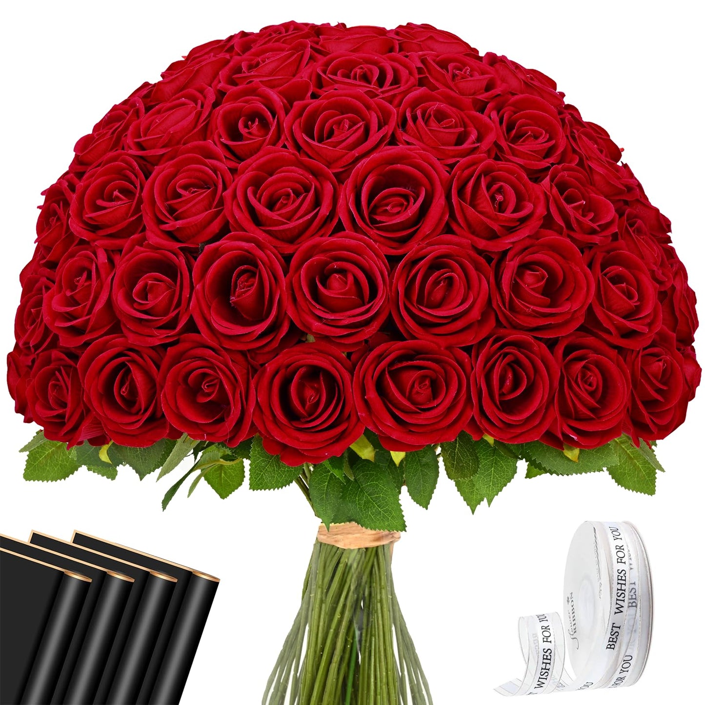 Waipfaru Red Roses Artificial Flowers Bulk, Real Touch Velvet Roses with Wrapping Paper, 50 Pcs Fake Flowers for Wedding Centerpieces Bridal Bouquet Valentines Mothers Day Graduation Decor