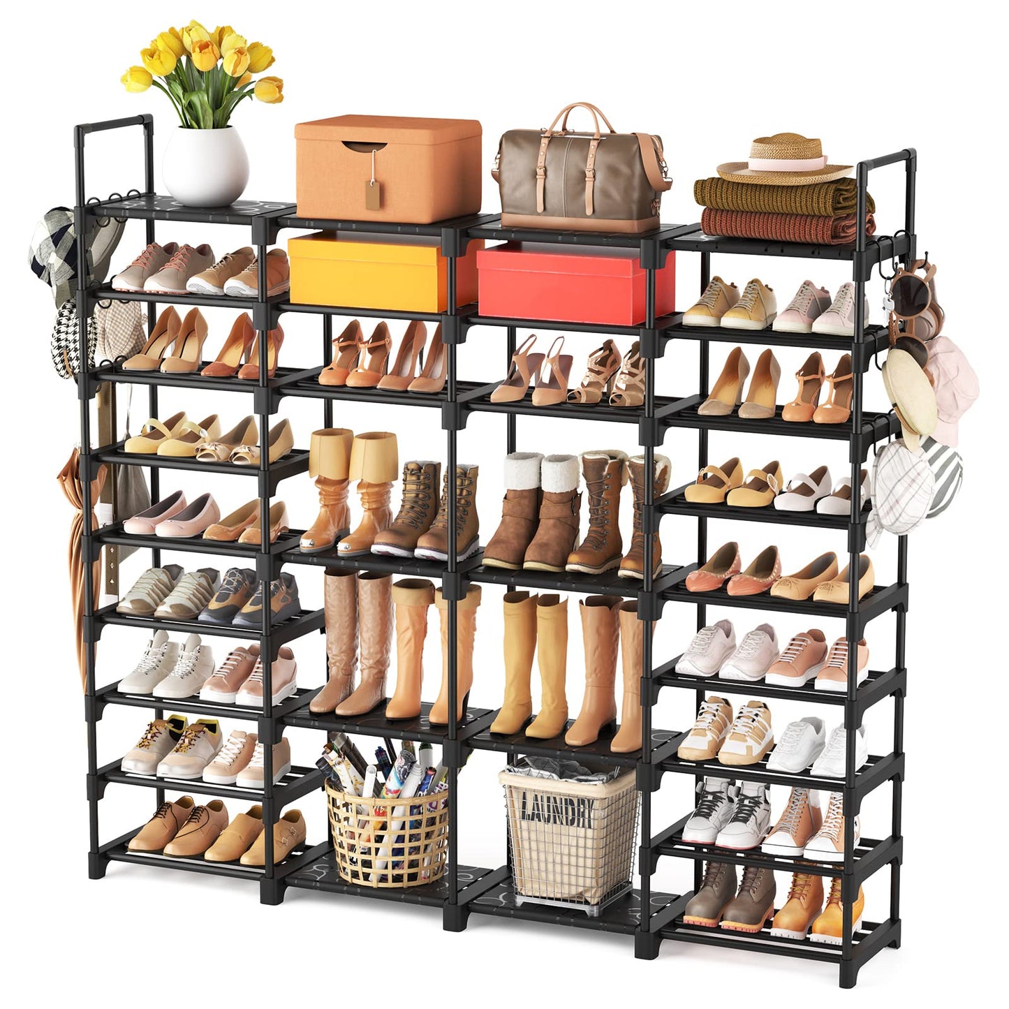 ROJASOP Large Shoe Rack Organizer for Entryway Closet 64-68 Pairs 9-Tier Heavy Duty Tall Garage Shoe Rack Shoe Shelf Shoes Storage with 18 Pcs Removable Side Hooks for Bedroom and Garage Black