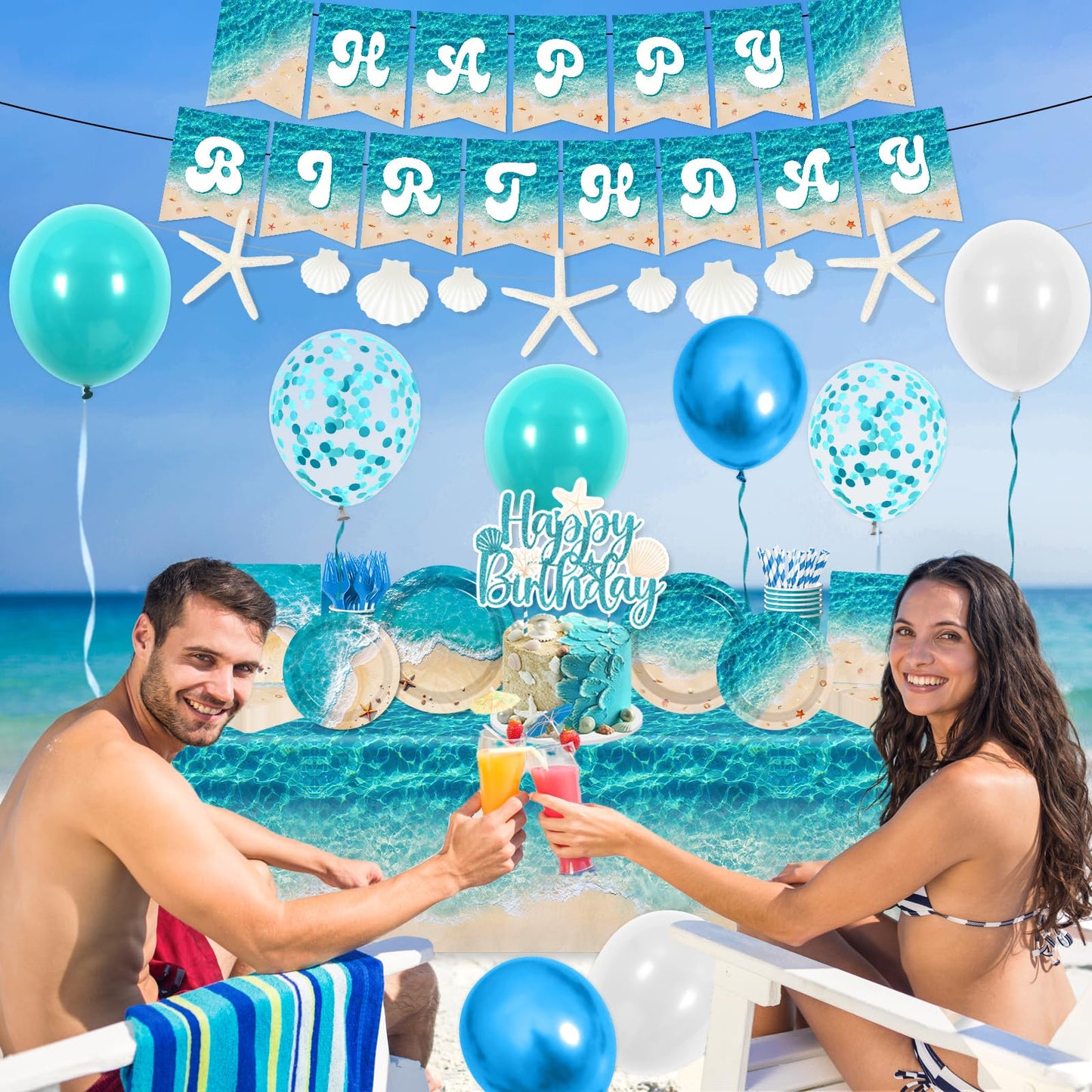 Beach Birthday Party Decorations, 183Pcs Ocean Waves Birthday Party Decorations Summer Pool Hawaiian Beach Party Supplies Plates,Napkins,Cups,Banner,Tablecloth,Balloons,Cupcake Topper,Serves 24