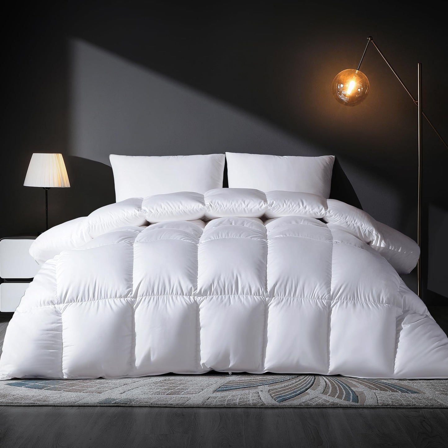 DOWNSTORIA Feather Down Comforter Queen Size Duvet Insert, Light Weight True Baffle-Box Noiseless Bedding Comforters, Soft Hotel Collection Bed Comforter, Medium Warmth - White, 90 X 90 in.