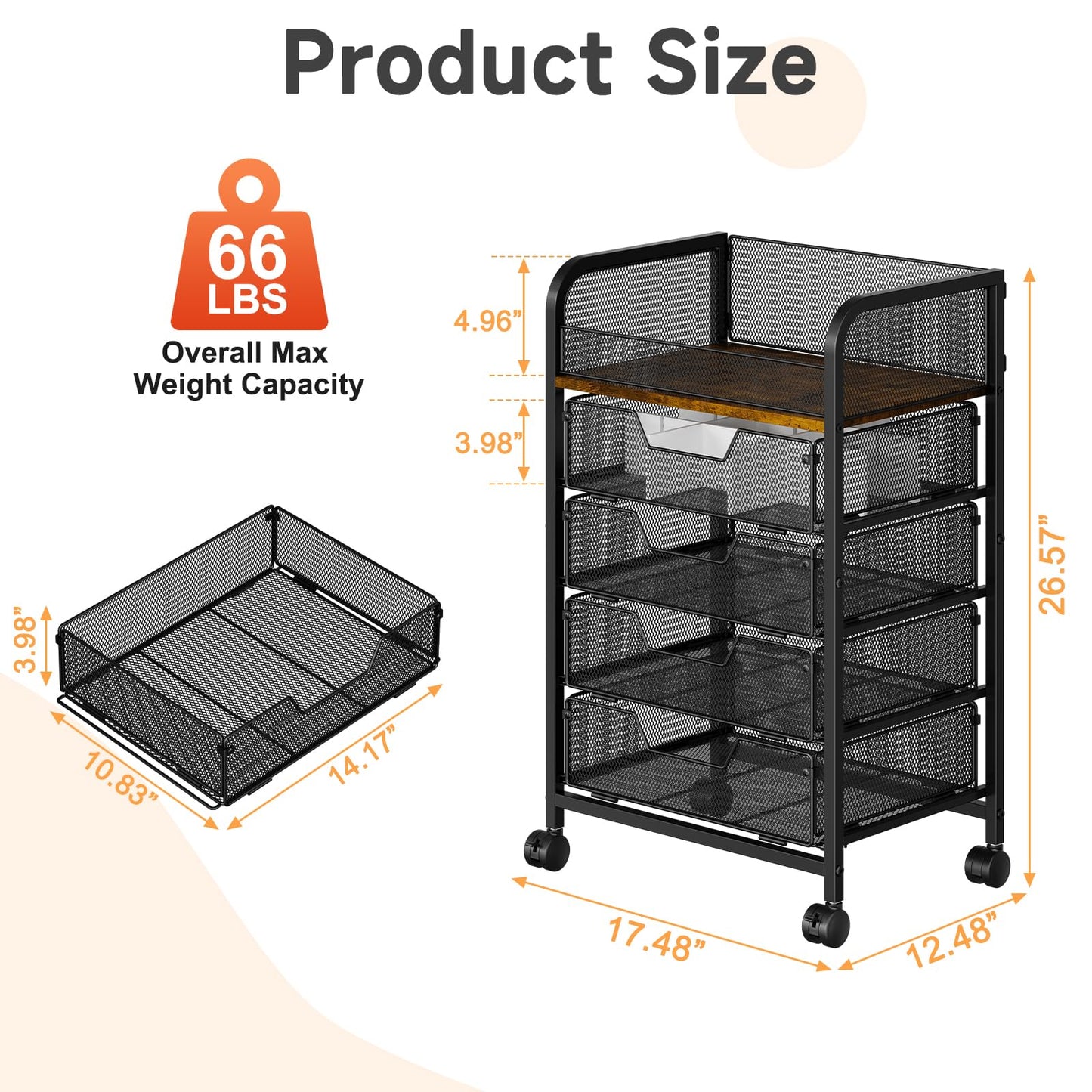 LUMAMU 5-Tier Rolling Kitchen Cart with Drawers - Kitchen Storage Cart on Wheels,Pantry Snack Cart,Fruit and Vegetable Storage Cart with Wood Top,Rolling Utility Cart for Potato and Onion Storage
