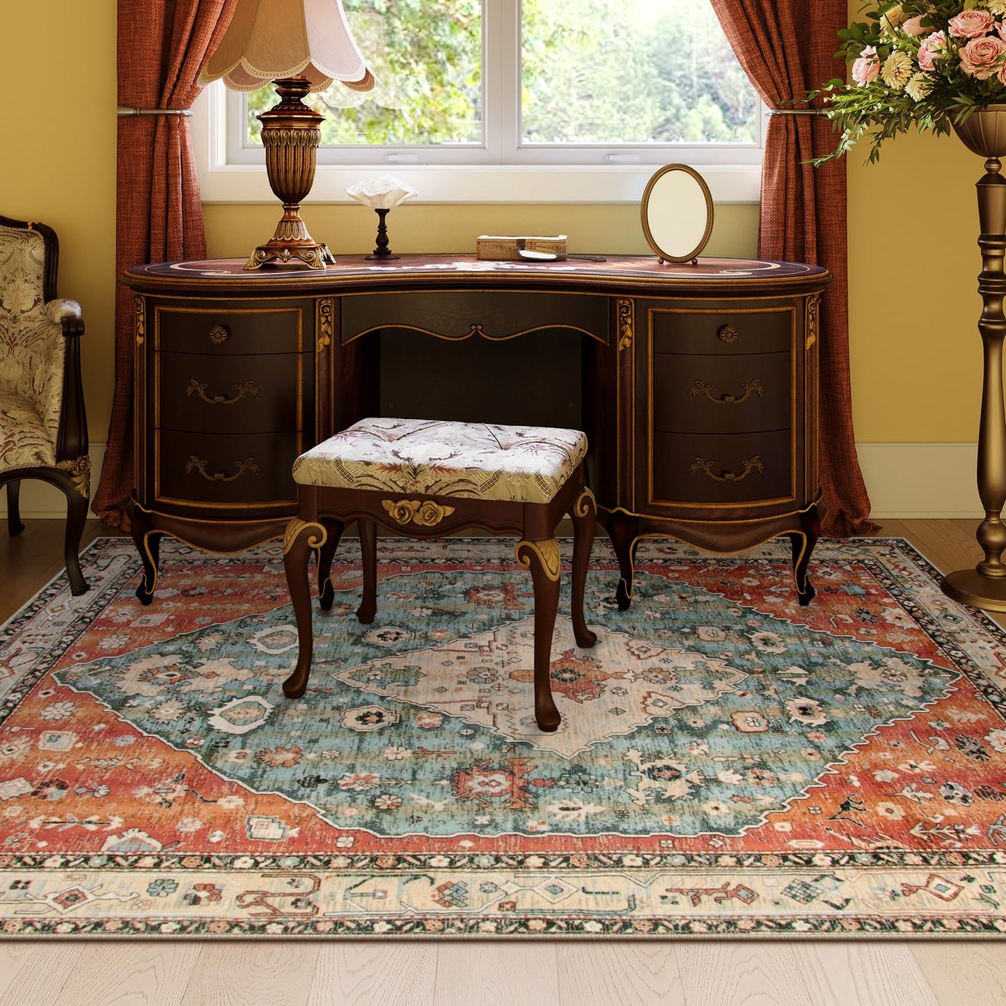 Lahome Felice Boho Tribal 5x7 Washable Living Room Bedroom Rug, Oriental Soft Dining Room Rugs for Under Table, Large Distressed Printed Carpet for Entryway Kitchen Playroom (Rust/Dull Teal,5x7ft)