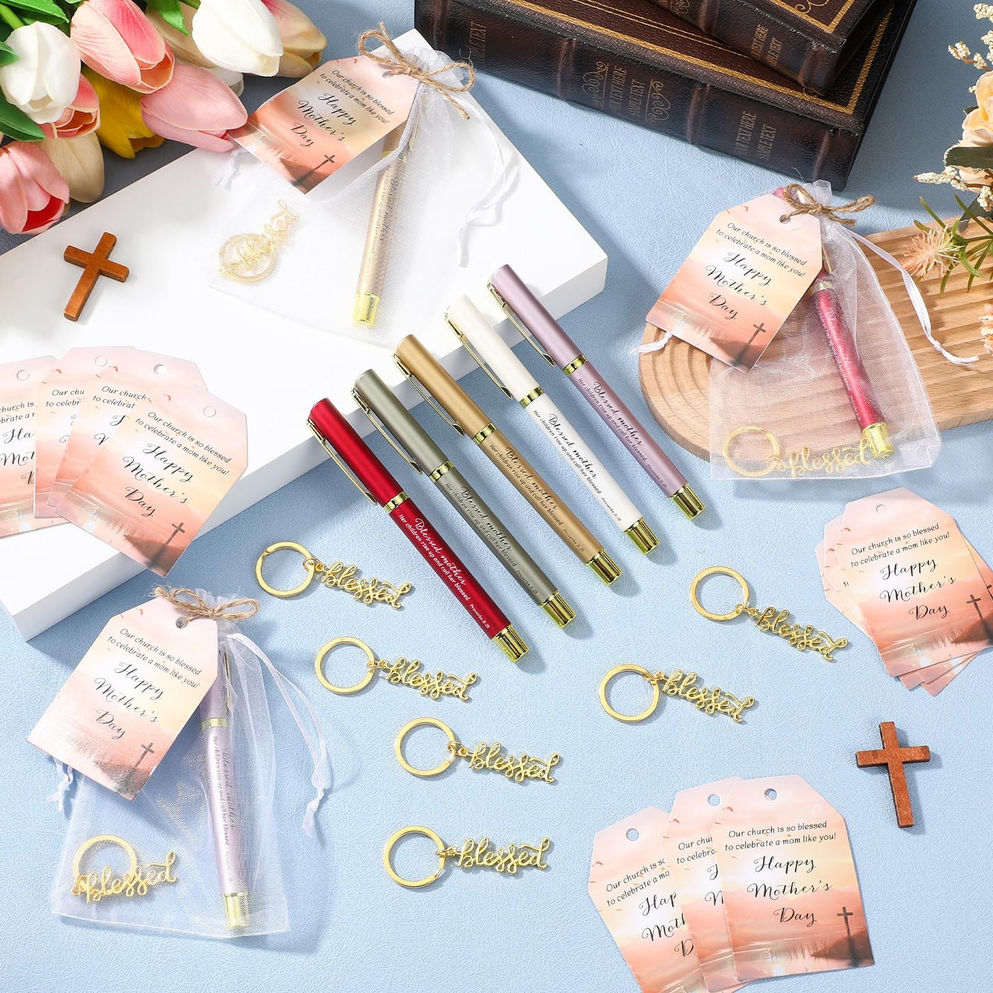 Spakon 50 Sets Church Gift Bulk for Mothers Day Blessed Bible Verse Ballpoint Pens Keychain Christian Cross Happy Mother's Day Tag