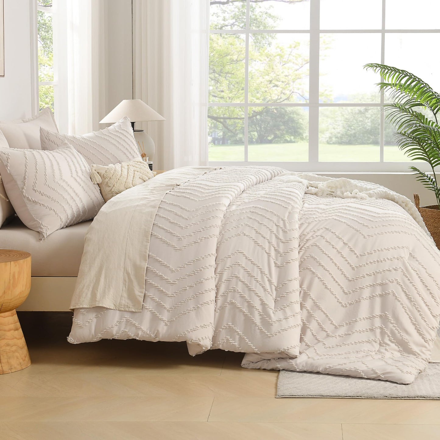 Andency California King Comforter Set Beige, Boho Cal King Cream Soft Warm Tufted Neutral Bedding Comforter Sets, 3 Pieces Cali King Aesthetic Chevron Farmhouse Cute Bohemian Textured Bedding Set