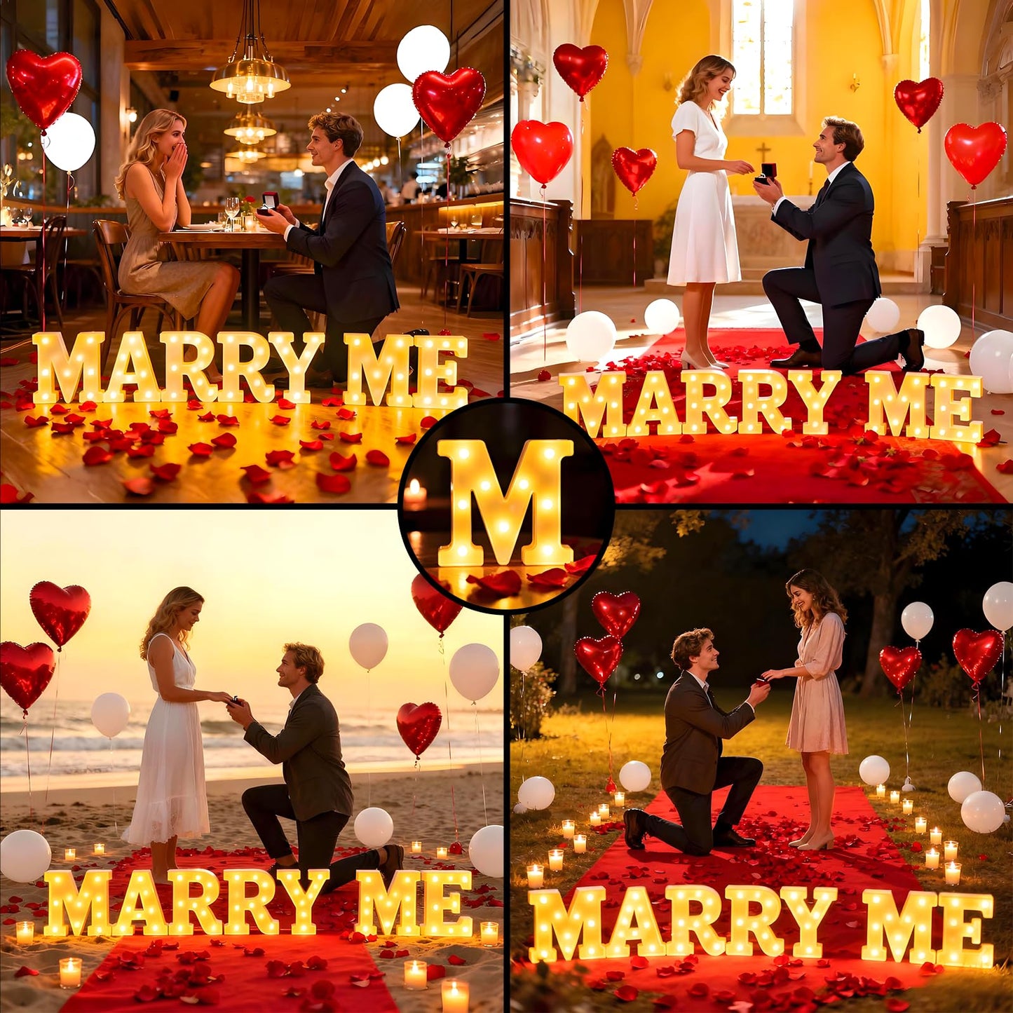Marry Me Light Up Letters, with 30 Tea Lights Candles, Rose Petals, Aluminum Balloons, Balloons, Red Carpet, Rose Ring Box, Double Sided Tape, Valentine's Day Proposal Engagement Wedding Decorations