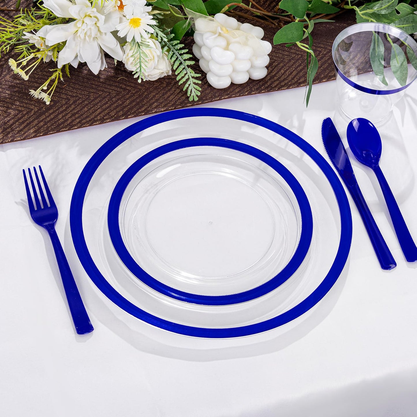 I00000 350 Pcs Dark Blue Plastic Plates,Clear Disposable Plates for 50 Guests,Blue Dinnerware Include 50 Dinner Plate 50 Dessert Plate,50 Cups,50 Pre Rolled Napkins with Cutlery Set for Party,Wedding