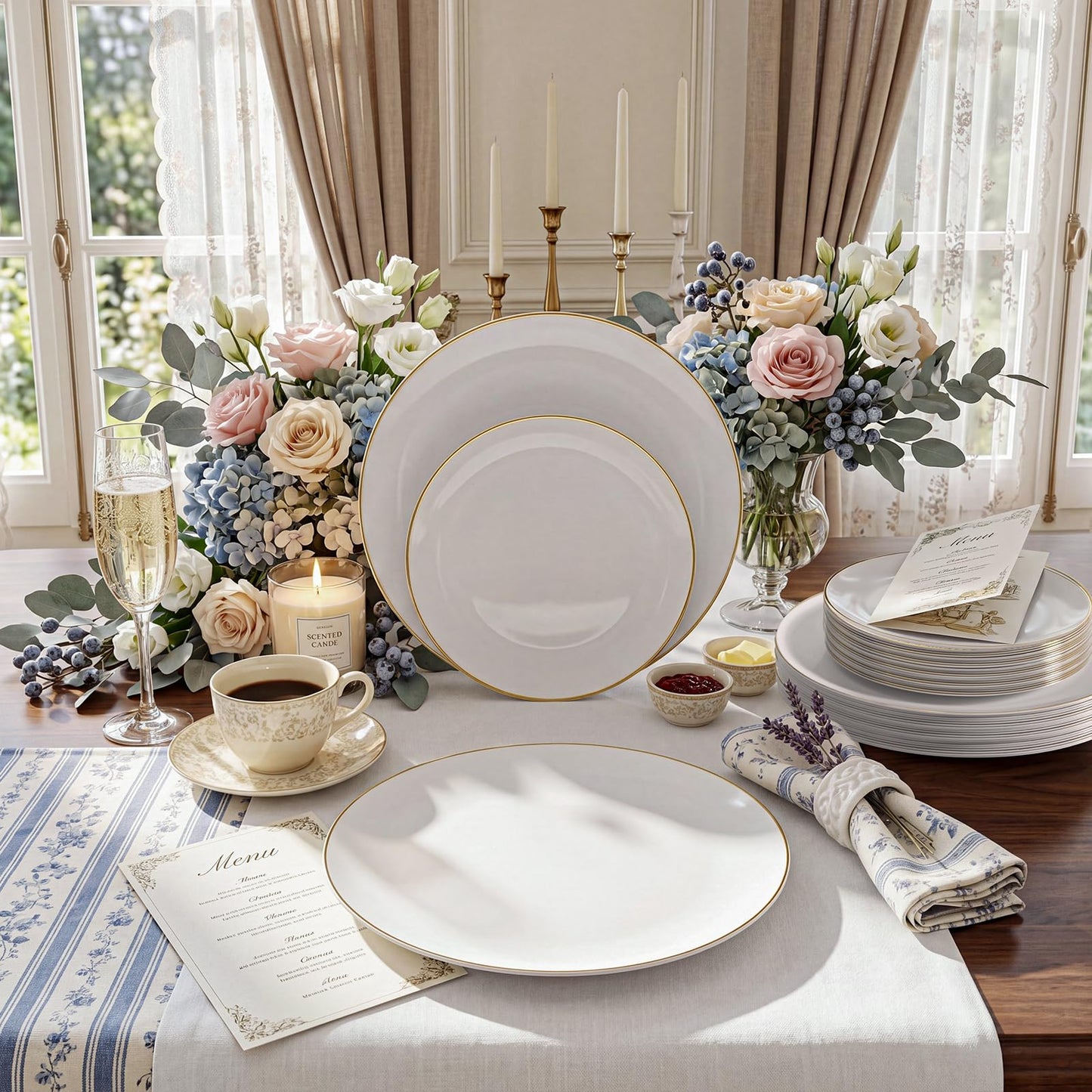 KIRE 100PCS Disposable Plates - White with Gold Rim Plastic Plates - Includes 50Pieces 10.25inch Dinner and 50Pieces 7.5inch Dessert/Salad Plate for Wedding/Spring Party/Graduation