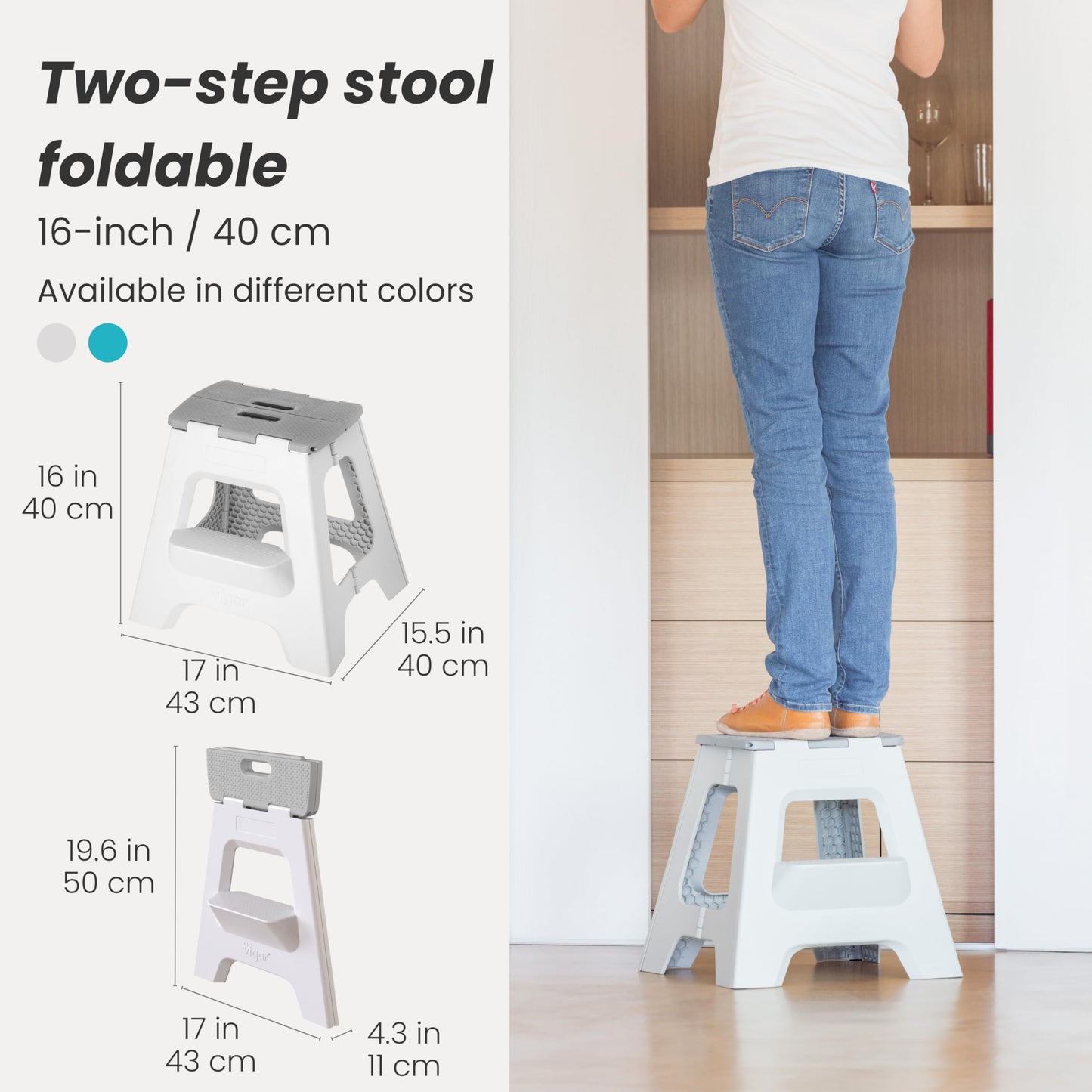 Vigar Compact Folding Step Stool - 16 Inch 2 Step Foldable Step Stool for Adults, Lightweight Portable Stool with Handle, Non Slip Step Stool, Space-Saving Stool up to 330 lb - Gray