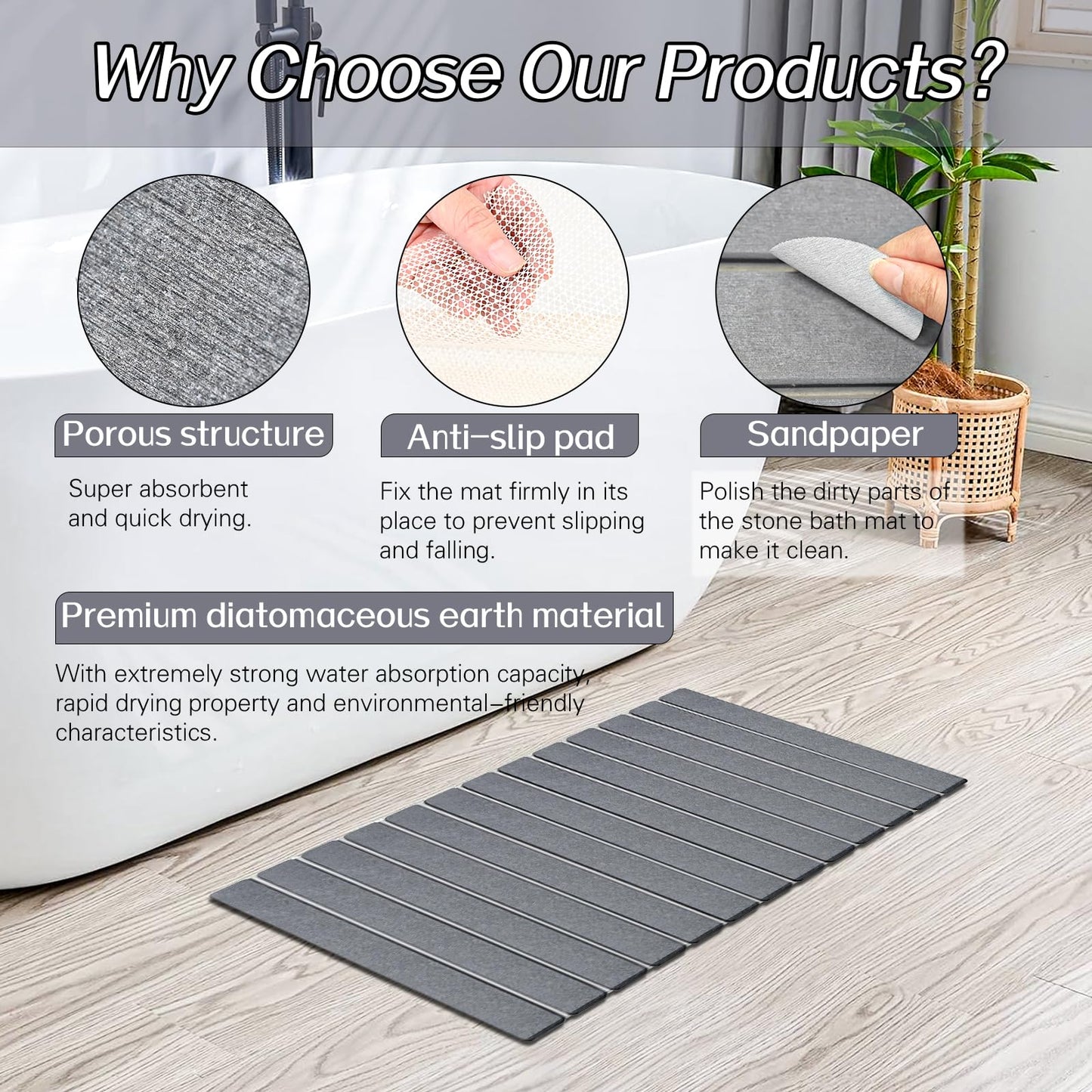 Setguopal 2 Pack Foldable Stone Bath Mats, Gray Super Absorbent Diatomaceous Earth Bath Rug, Non-Slip Shower Mat, Quick-Drying Bath Rug and Drying Mat for Tub and Shower