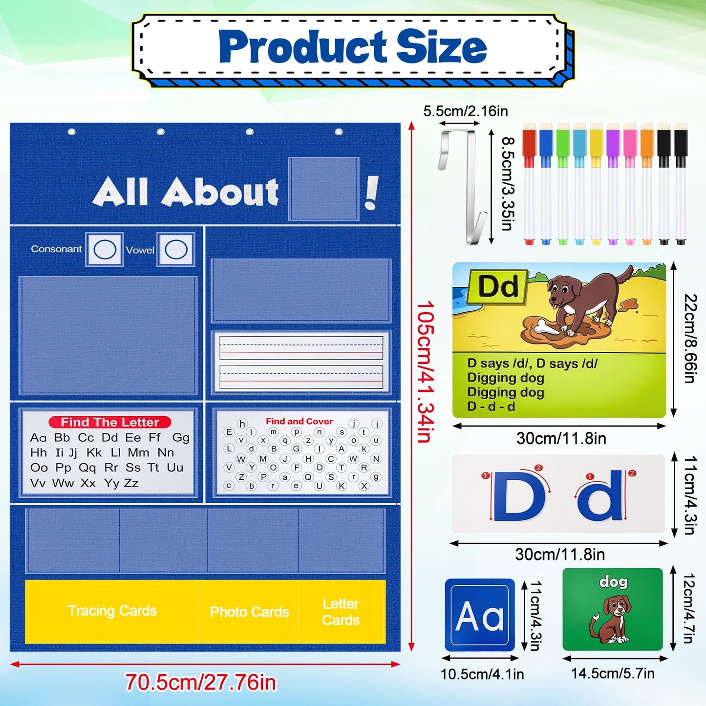Meetory Alphabet Learning Pocket Chart - 41x28.3in Alphabet Wall Chart ABC Flash Cards Learning, Handwriting Practice Letter Tracing for Homeschool Supplies Preschool Kindergarten Classroom Must Haves