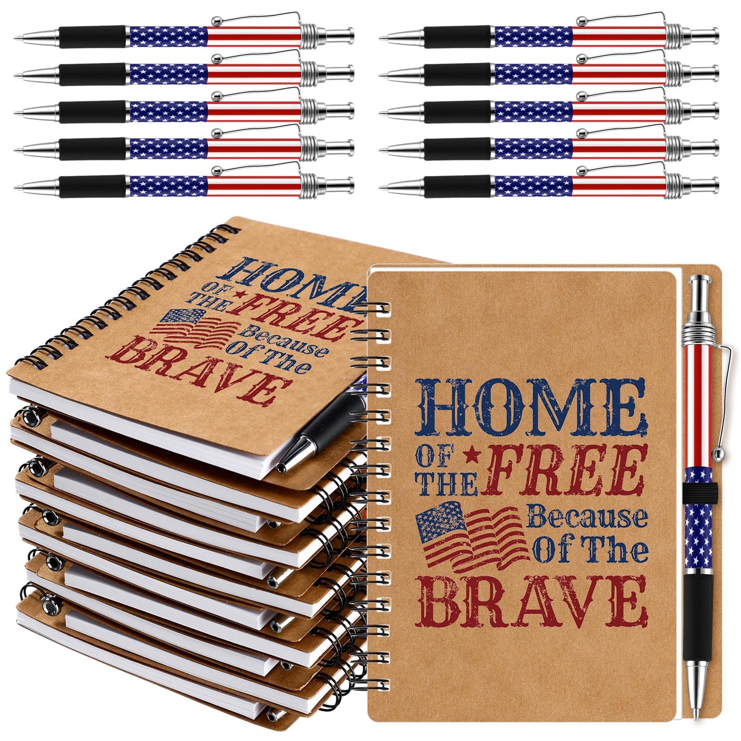 Resurhang 250th Anniversary Memorial Day Gift American Flag Ballpoint Pens Spiral Notebooks Home of The Free Because of The Brave Journal USA Patriotic for Veteran Military Soldier 250th Gift(36 Set)