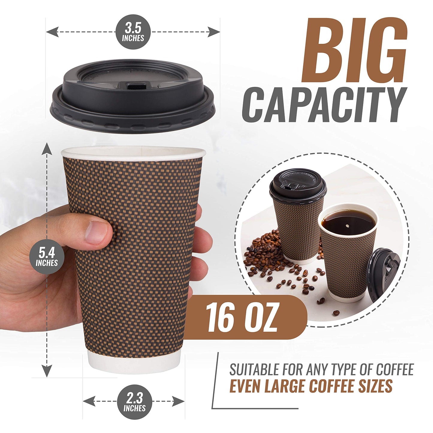 Promora Brown Disposable Coffee Cups With Lids 16 oz, Premium Insulated Paper Ripple Cups for Hot Coffee, Paper Coffee Cup with Lids (80 Pack)