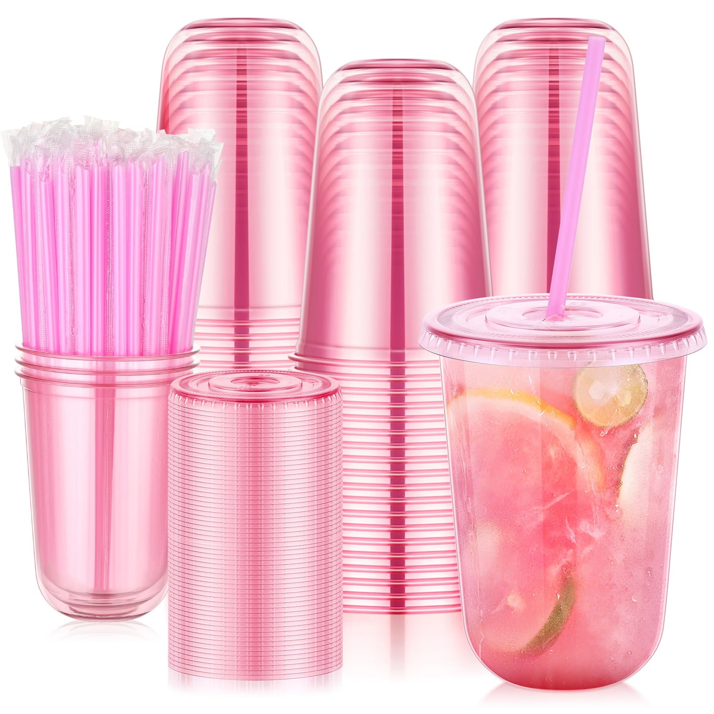 tchrules 100 Set 16oz Plastic Cups with Lids & Straws, Disposable Pink Clear Iced Coffee Cup with Lid, Round Bottom Plastic To Go Cups for Cold Drinks Slushie Smoothie Valentine Holiday Party Supplies