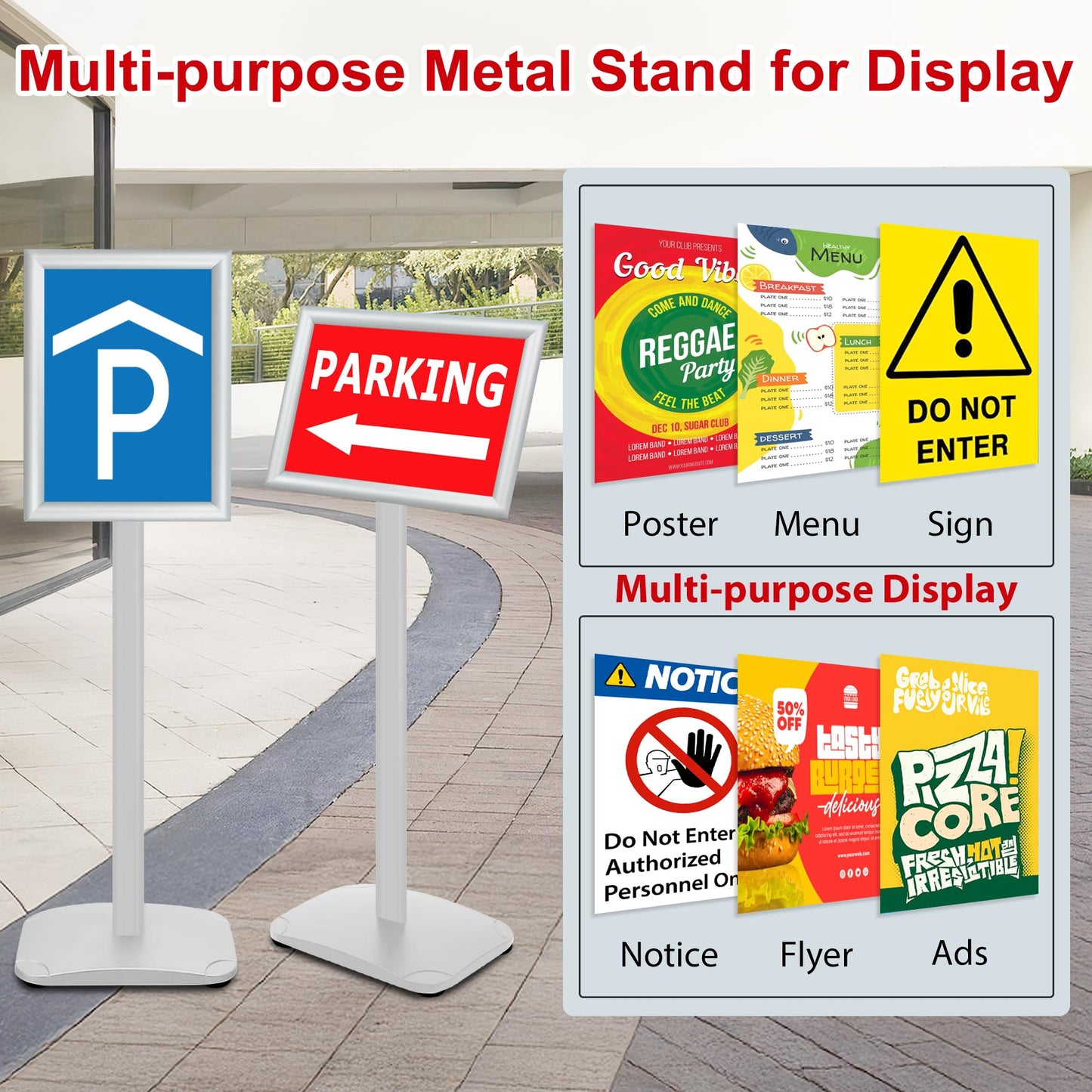 VAIIGO Heavy Duty Standing Sign Holder 8.5x11 Inch - Pedestal Floor Sign Stand with Weighted Base - Vertical & Horizontal View Poster/Menu Holder for Indoor/Outdoor Business Store Advertising, Silver