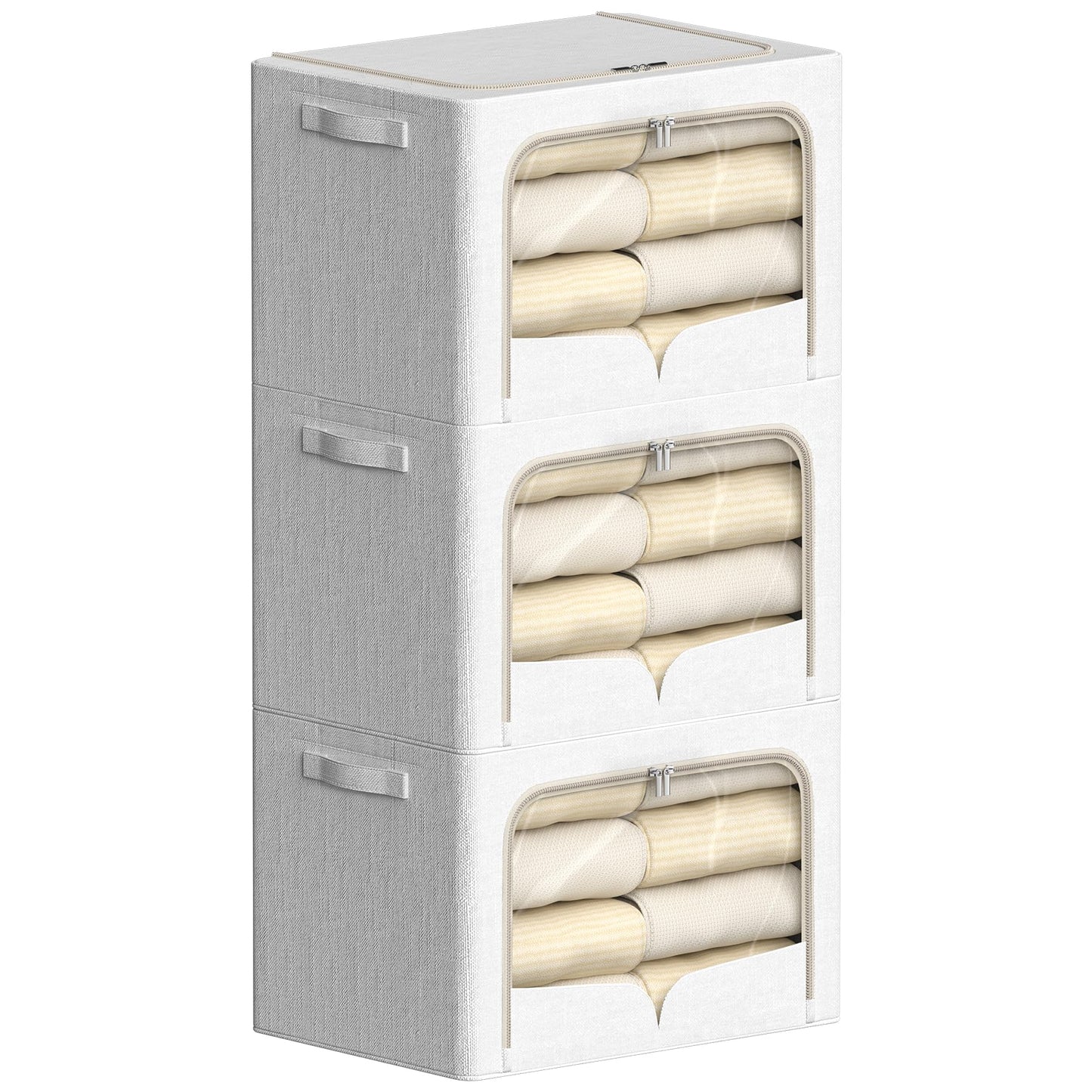 FHSQX 3 Pack Clothes Storage Bins - Foldable Metal Frame Storage Box - Stackable Linen Fabric Container Organizer Set with Carrying Handles and Clear Window (Cream White, 19.7x15.7x13inch(66L))