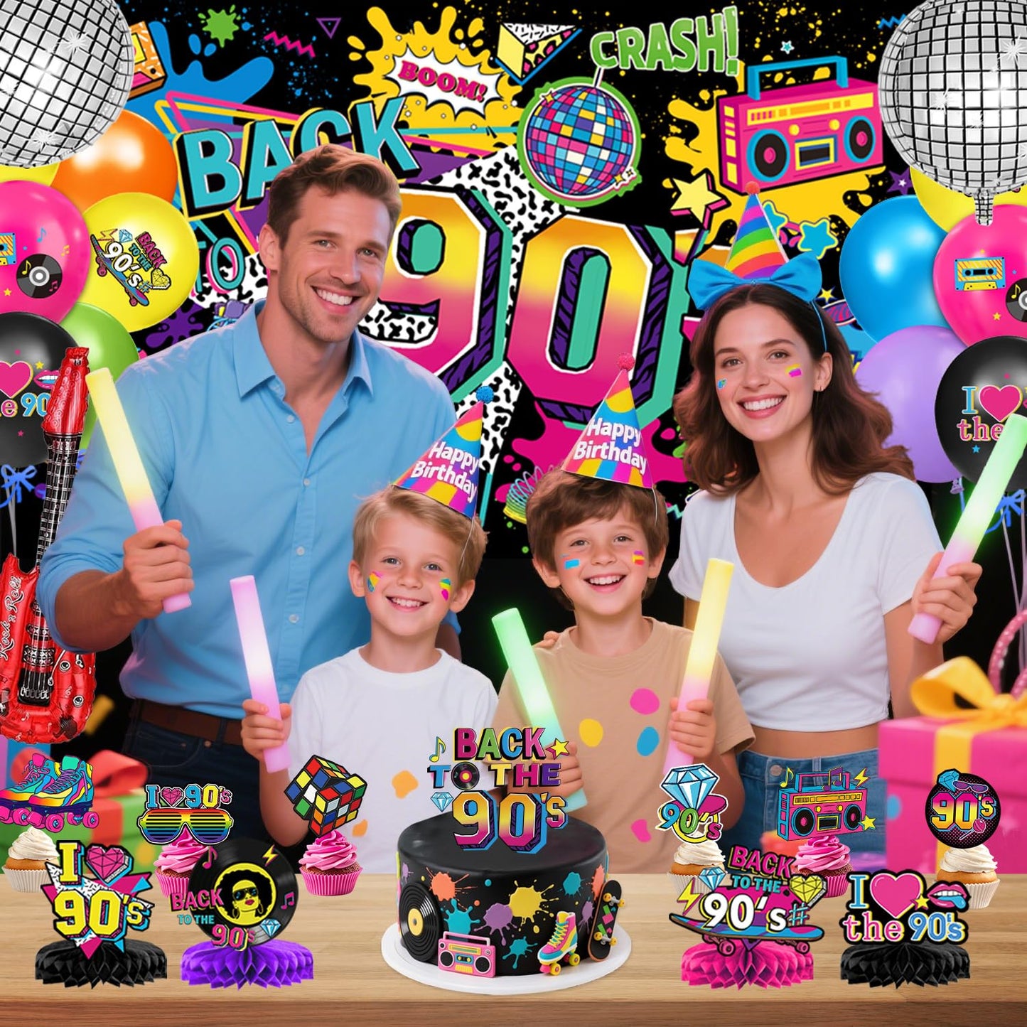 90s Party Decorations Includes 90's Backdrop, Foil & Latex Balloons, Cake & Cupcake Toppers, Honeycomb Centerpieces Banner, Hanging Swirls for 80s 90s Party Decorations