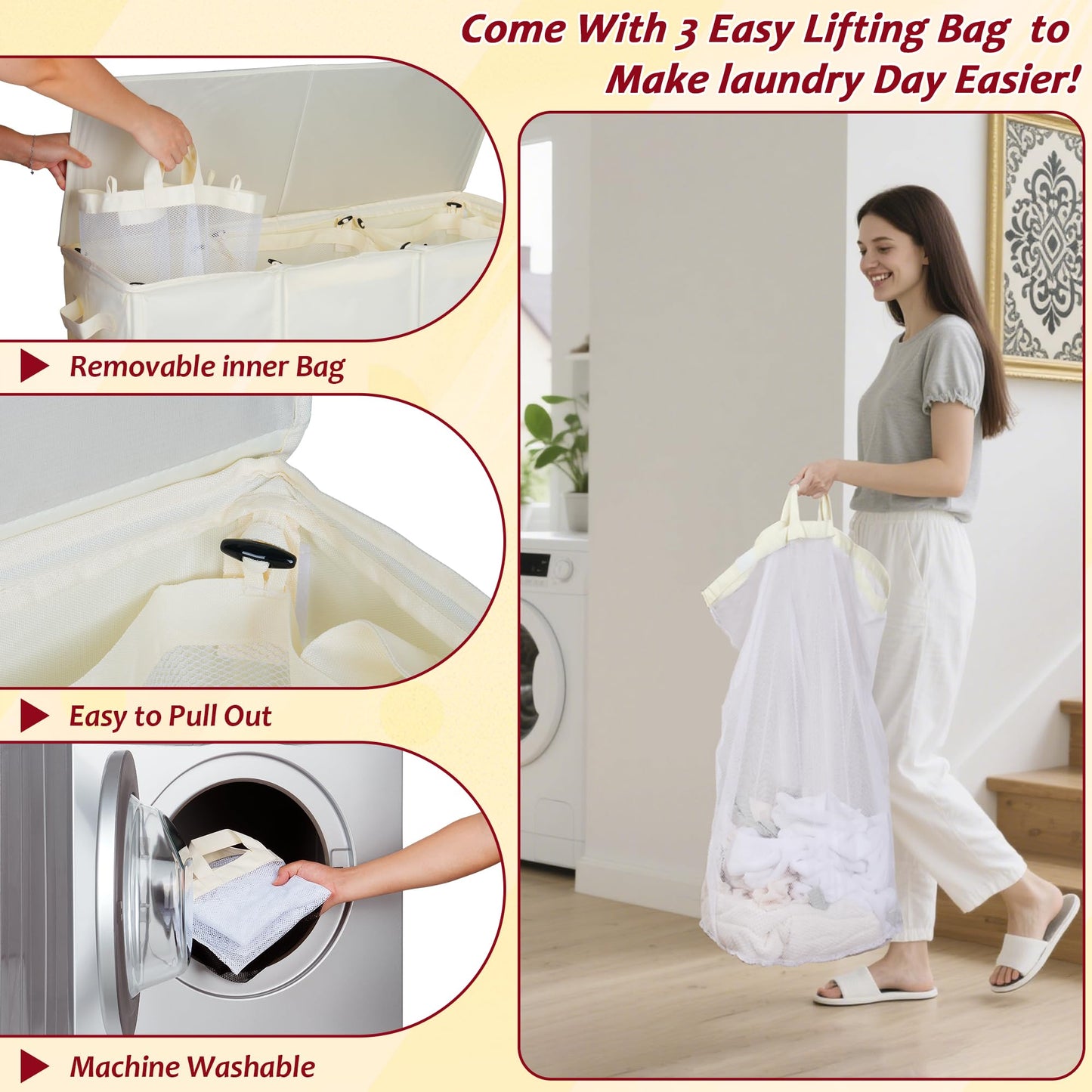 195L Laundry Hamper 3 Section,Large Laundry Hamper with Lid,Dirty Clothes Hamper with 3 Inner Bags,Collapsible Laundry Basket Organizer for Laundry Room,Bedroom,Laundry Sorter Hamper 3 Compartment