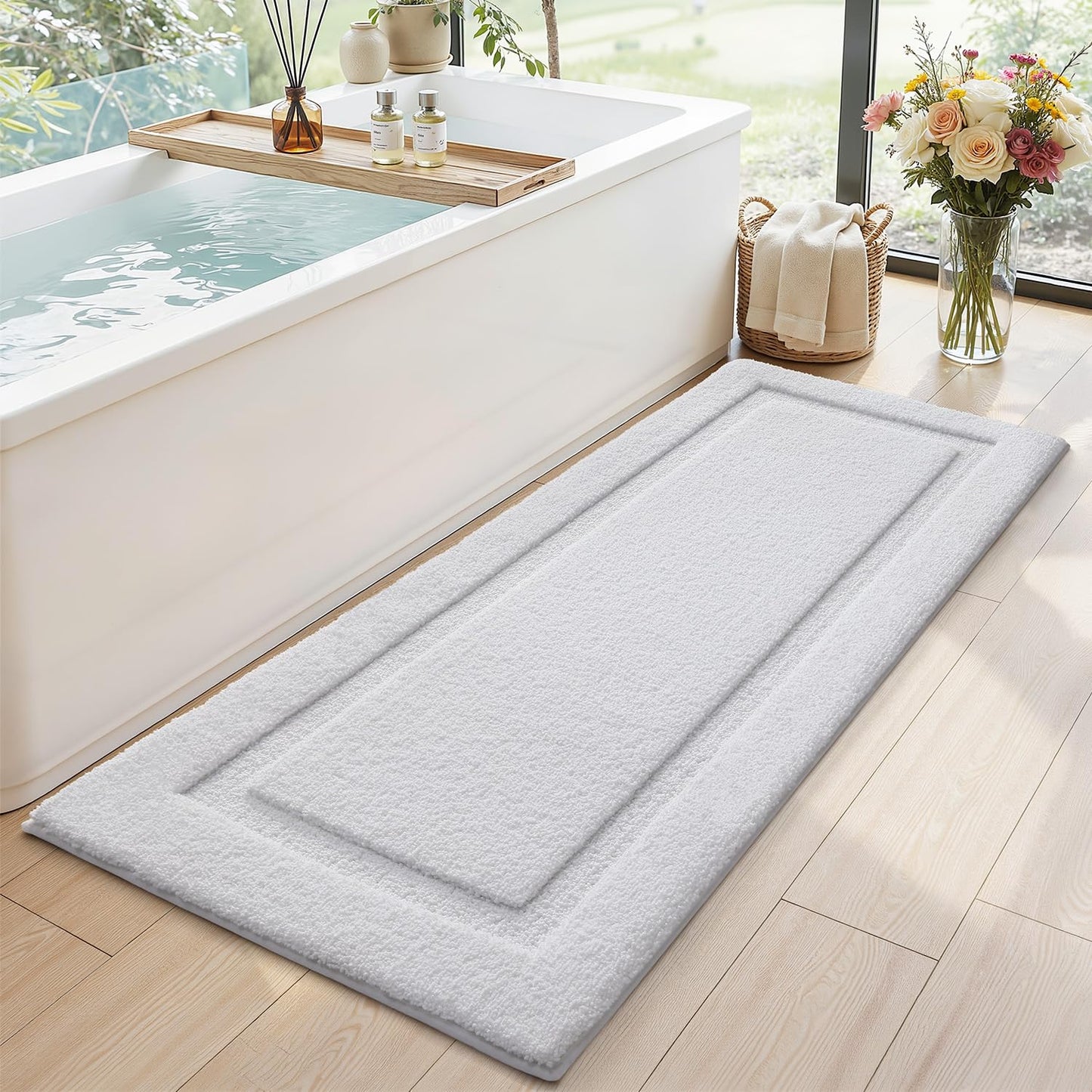 LUMI Extra Large Ultra Soft Bathroom Rugs Non Slip with Rubber Backing, Absorbent Washable Bath Mat Quick Dry, Upgraded Premium Microfiber Plush Carpet for Bathtub and Shower Floor, White, 24x60