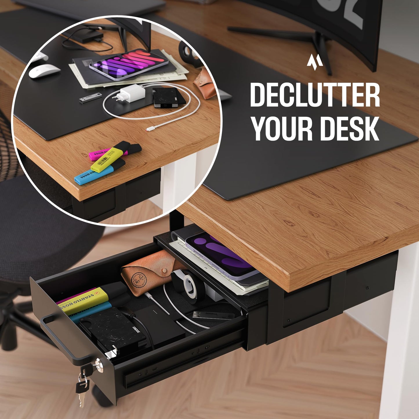 Under Desk Drawer Slide-Out – Lockable Metal Storage Drawer with Cable Management for Office & Home (Single, Non-Bracketed)